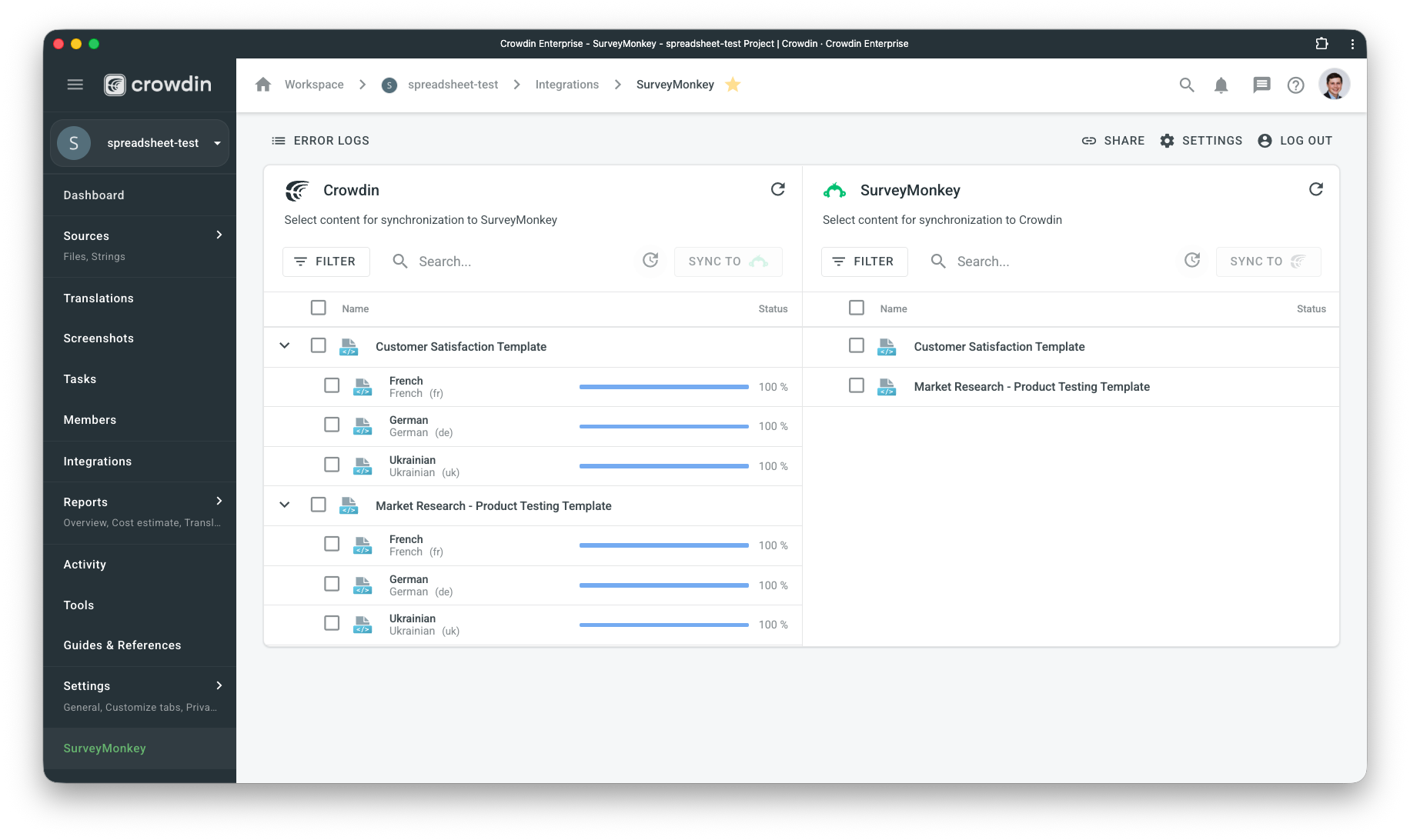 SurveyMonkey translation synchronization. Screenshot