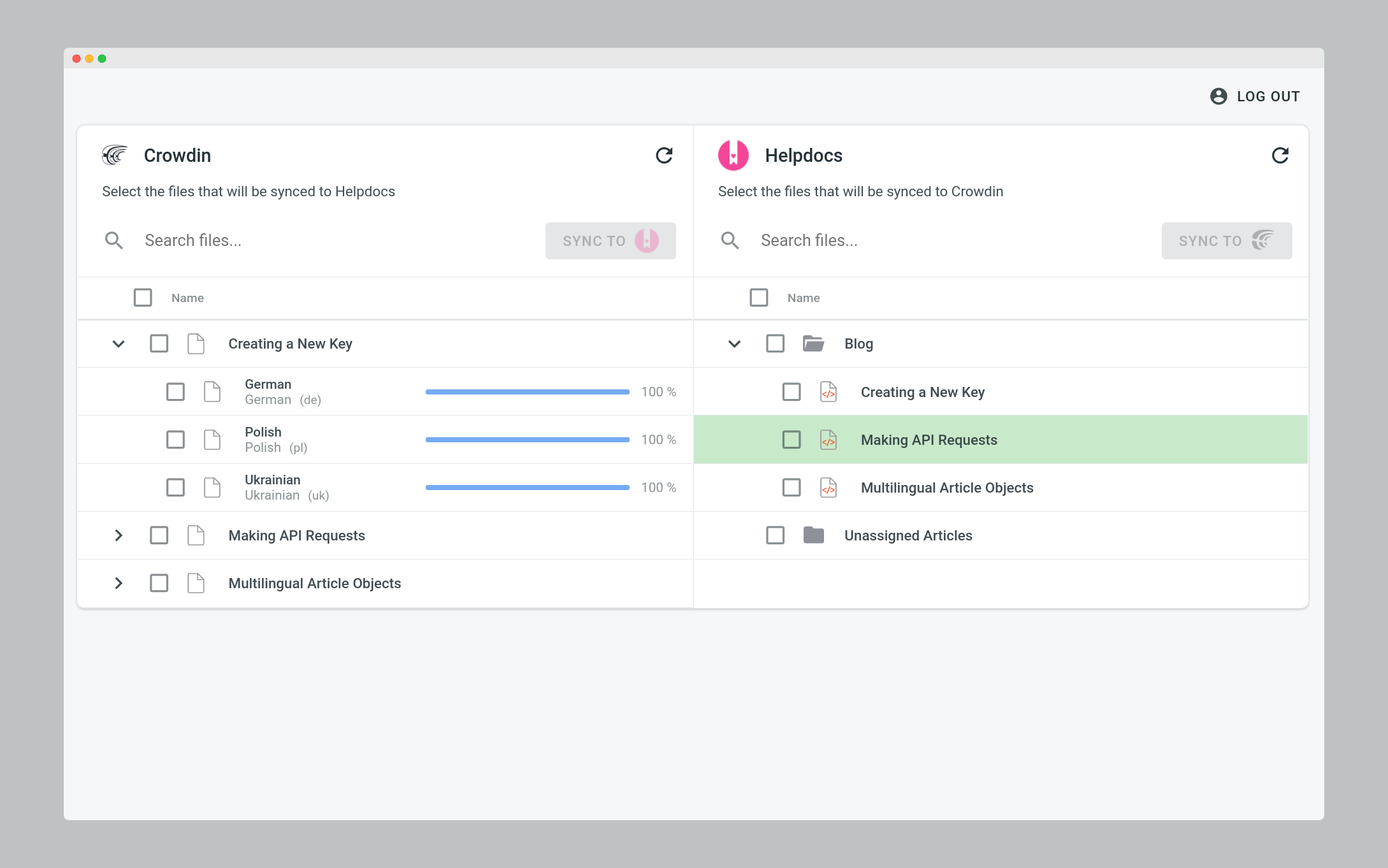 HelpDocs translation synchronization. Screenshot