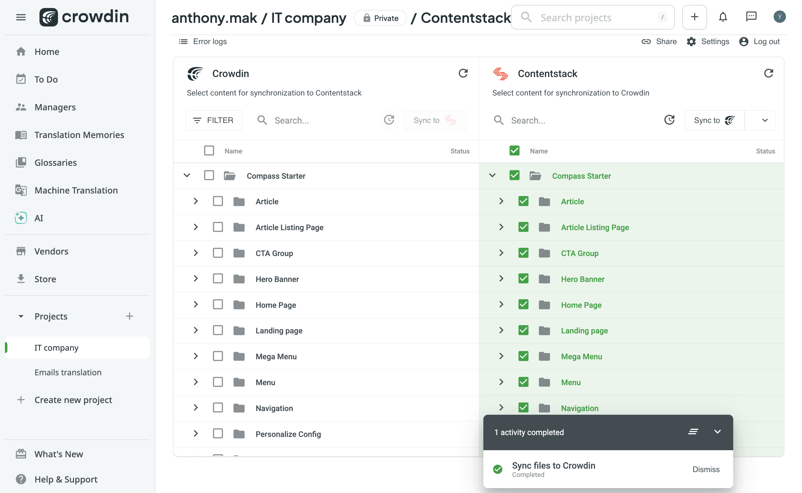 Contentstack translation synchronization. Screenshot