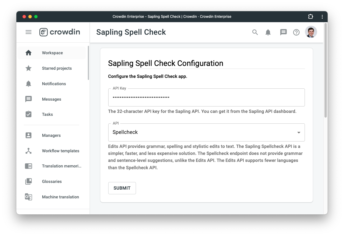 Sapling spellcheck in Crowdin Enterprise