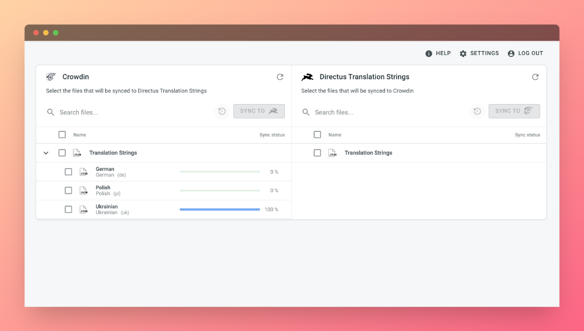 Directus Translation Strings translation synchronization. Screenshot