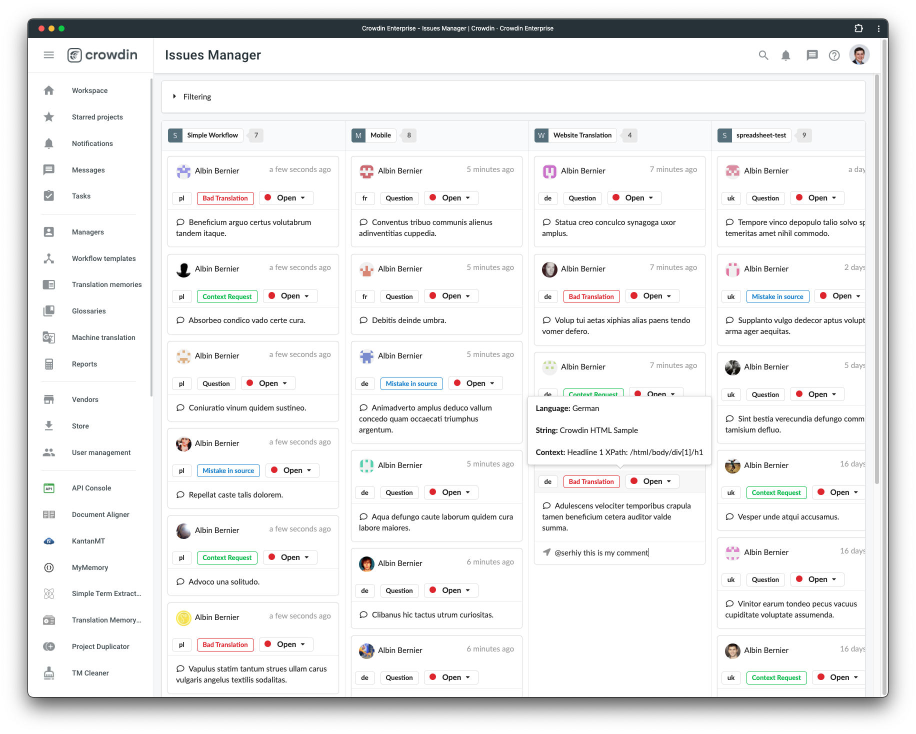 Crowdin Issues Manager Dashboard