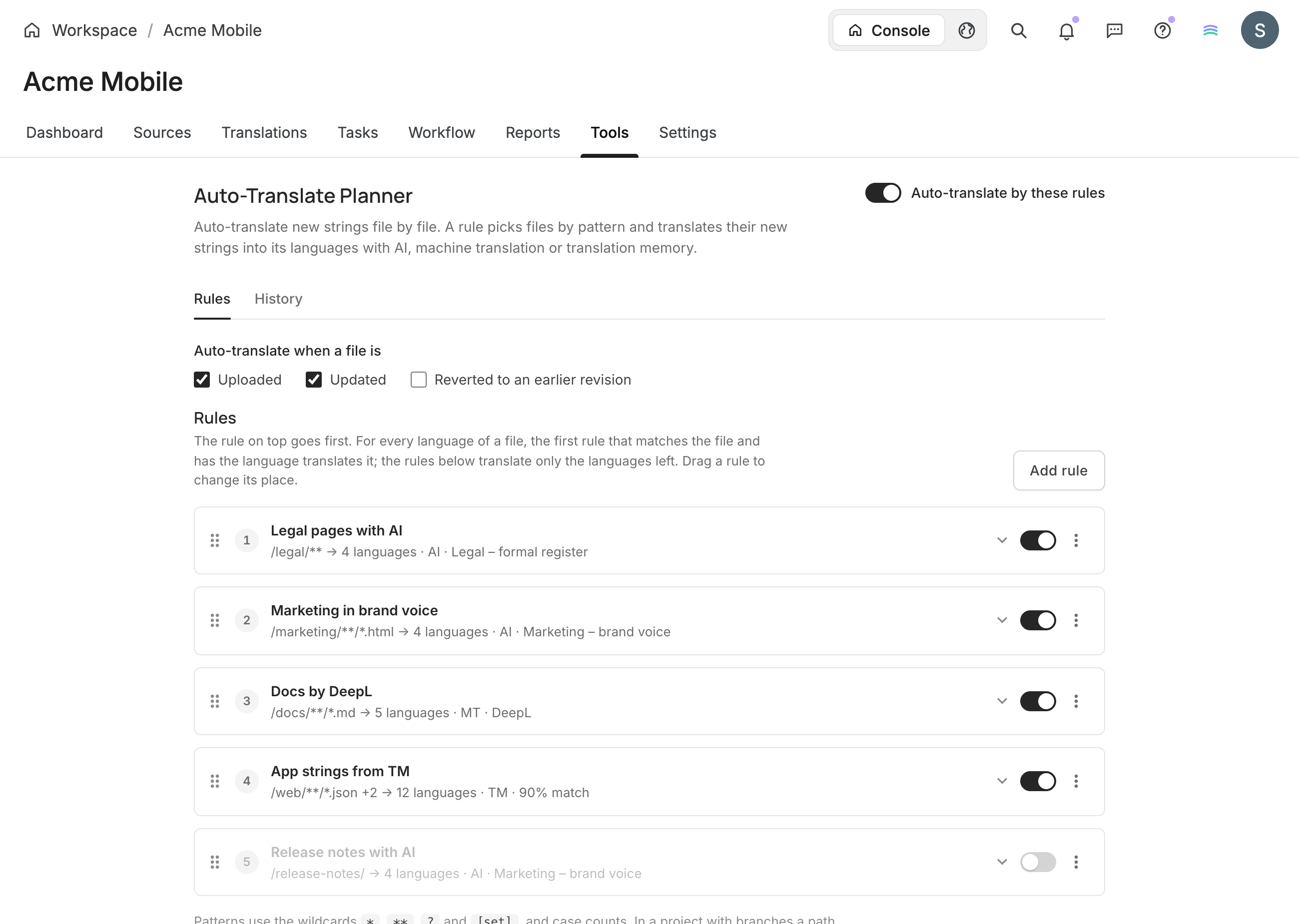 Auto-Translate Planner: rules of a project