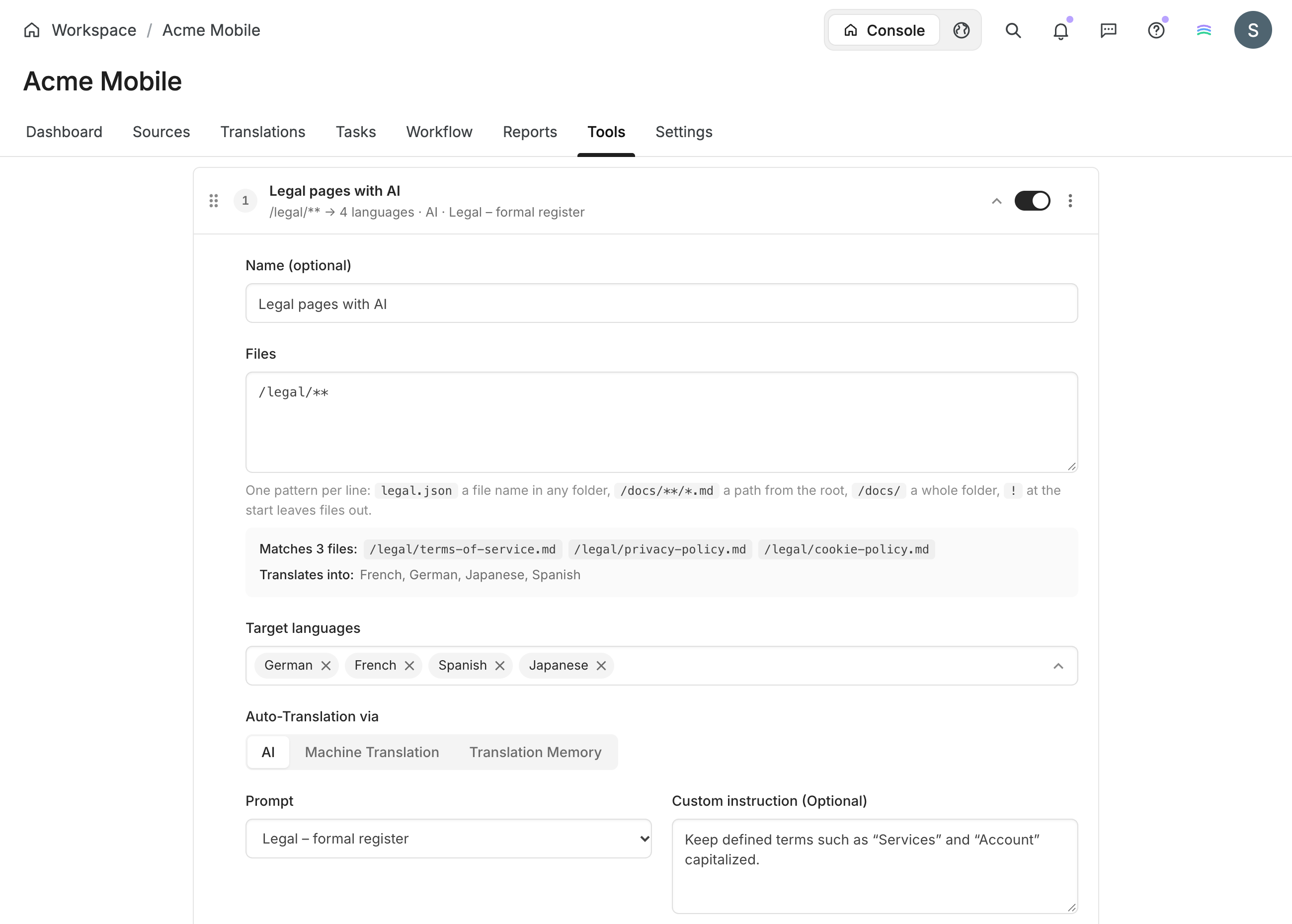 Auto-Translate Planner: a rule that translates legal pages with AI