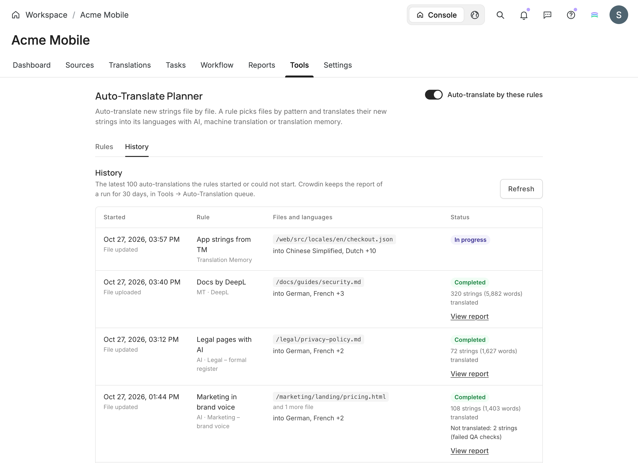 Auto-Translate Planner: history of runs