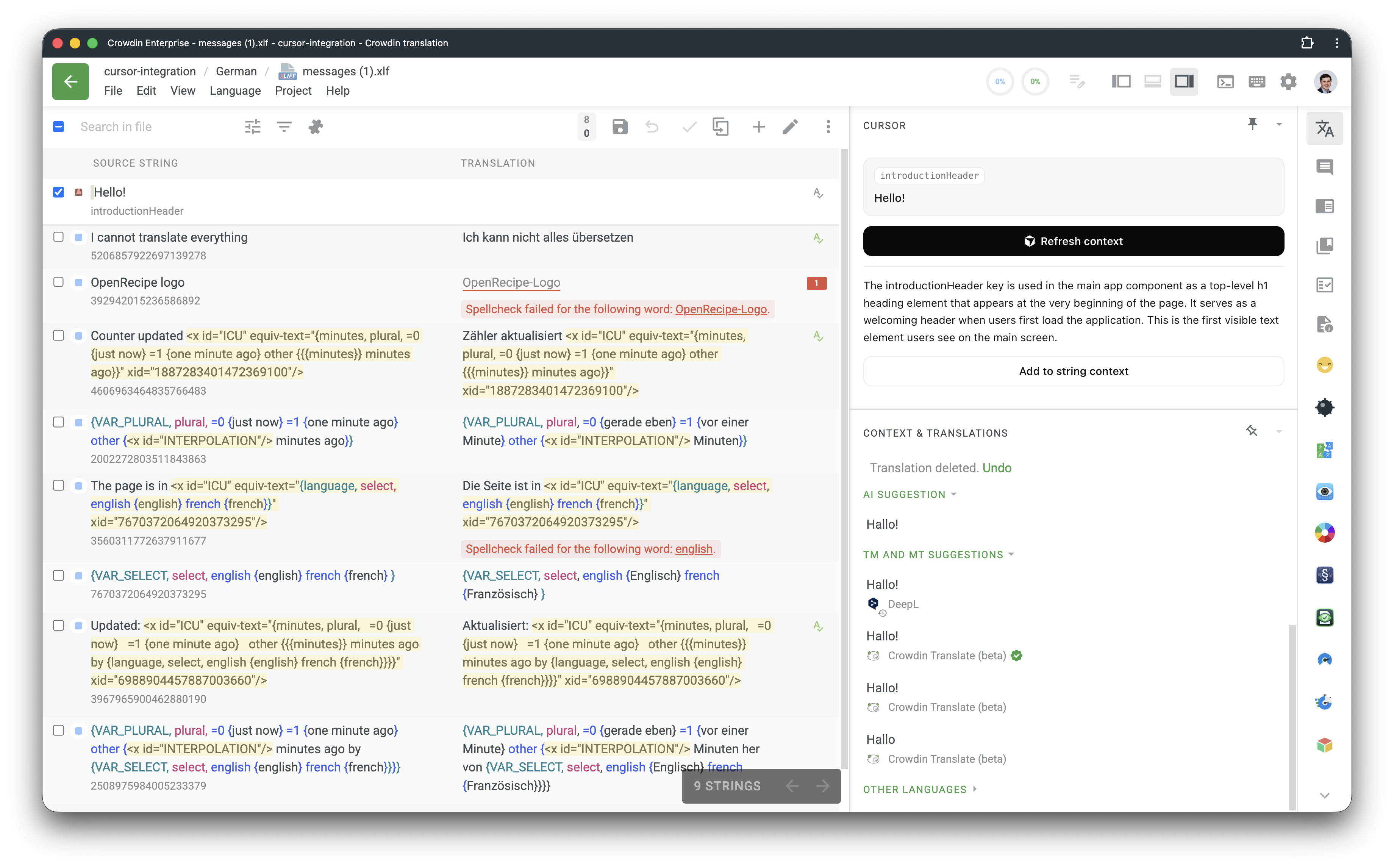 cursor integration in crowdin editor
