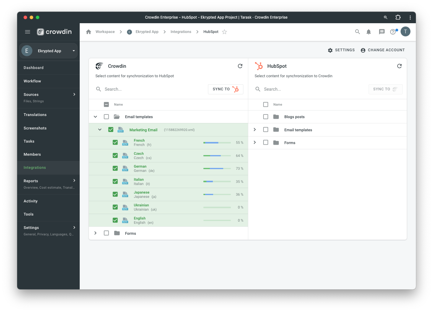 HubSpot Marketing Hub translation synchronization. Screenshot