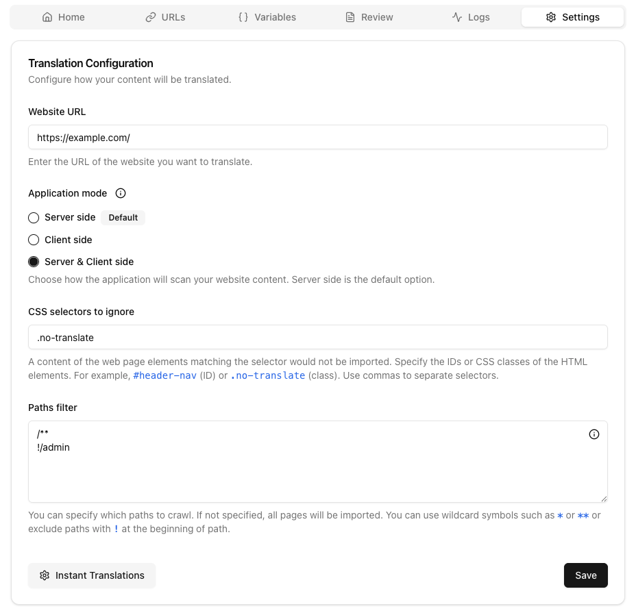 Website translator settings
