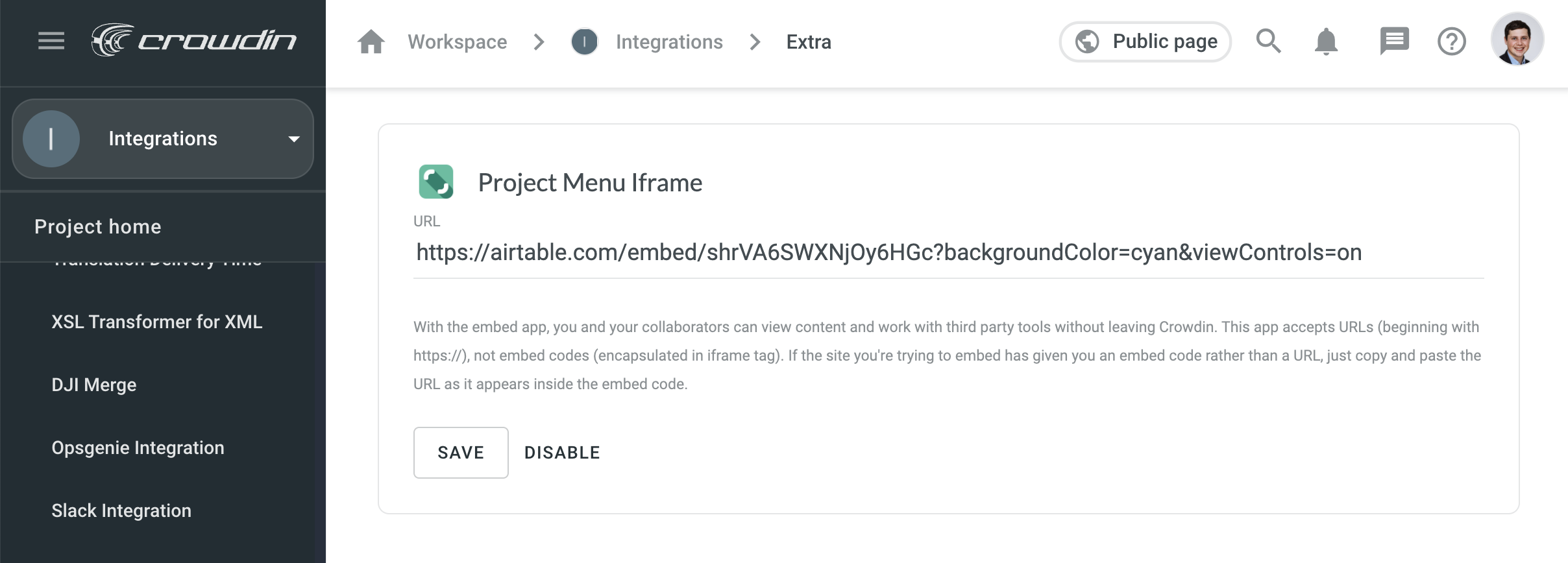 Project Menu Iframe Embedded. Screenshot