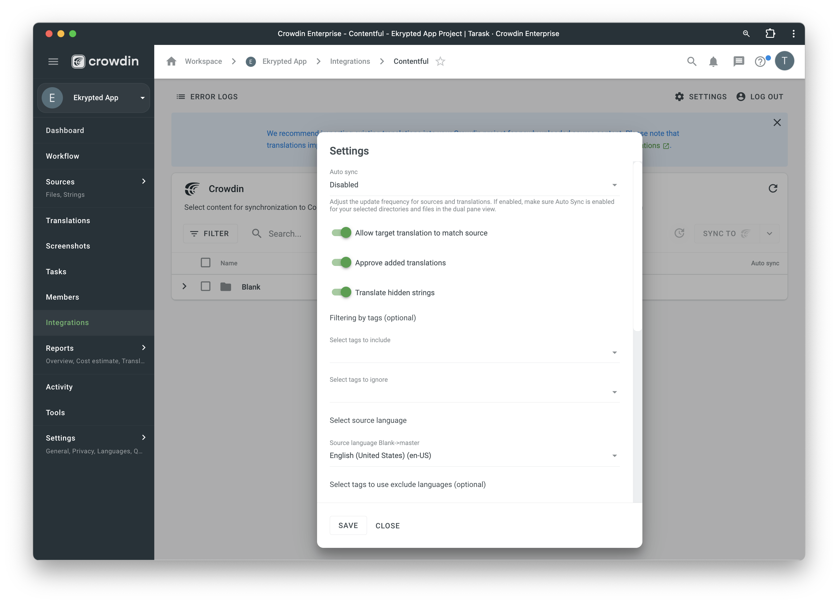 Contentful translation synchronization. Settings of Contentful files translation