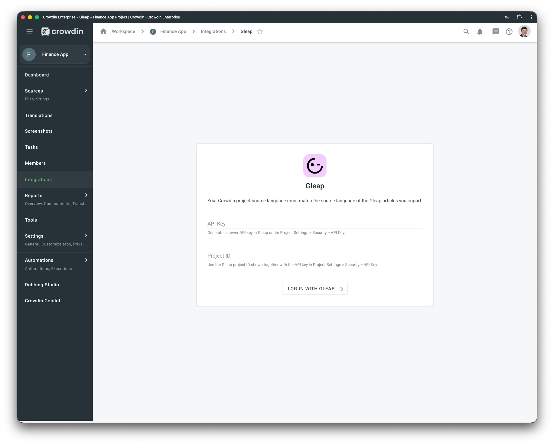 Gleap configuration. Screenshot