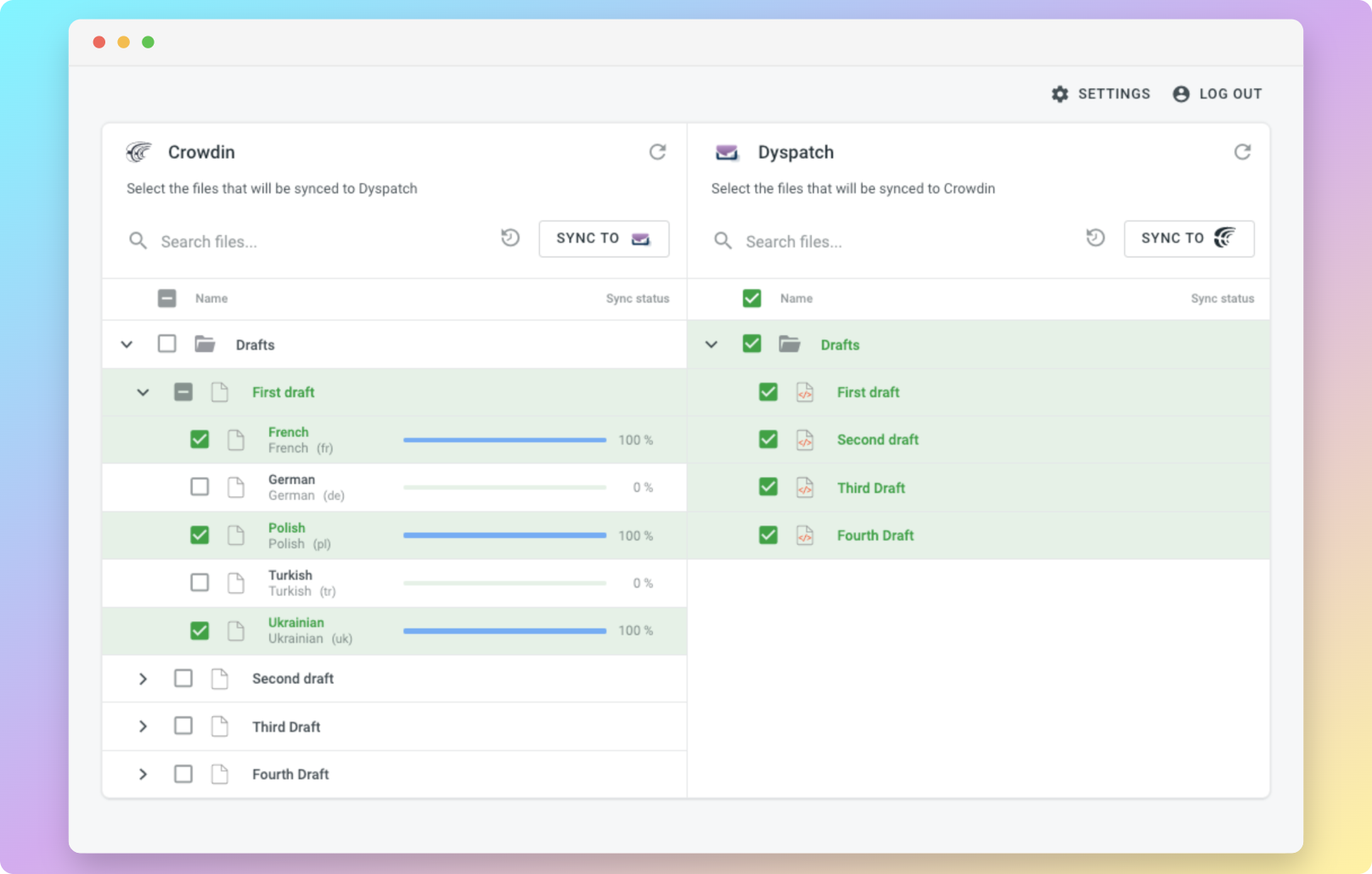 Dyspatch translation synchronization. Screenshot