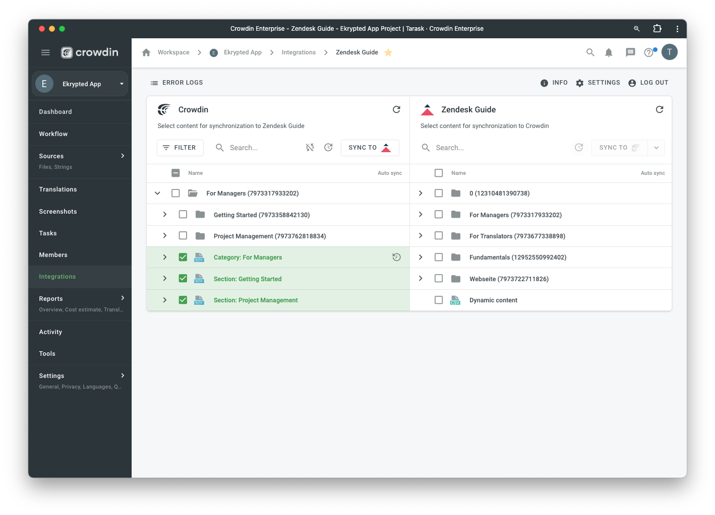 Zendesk Guide translation synchronization. Screenshot