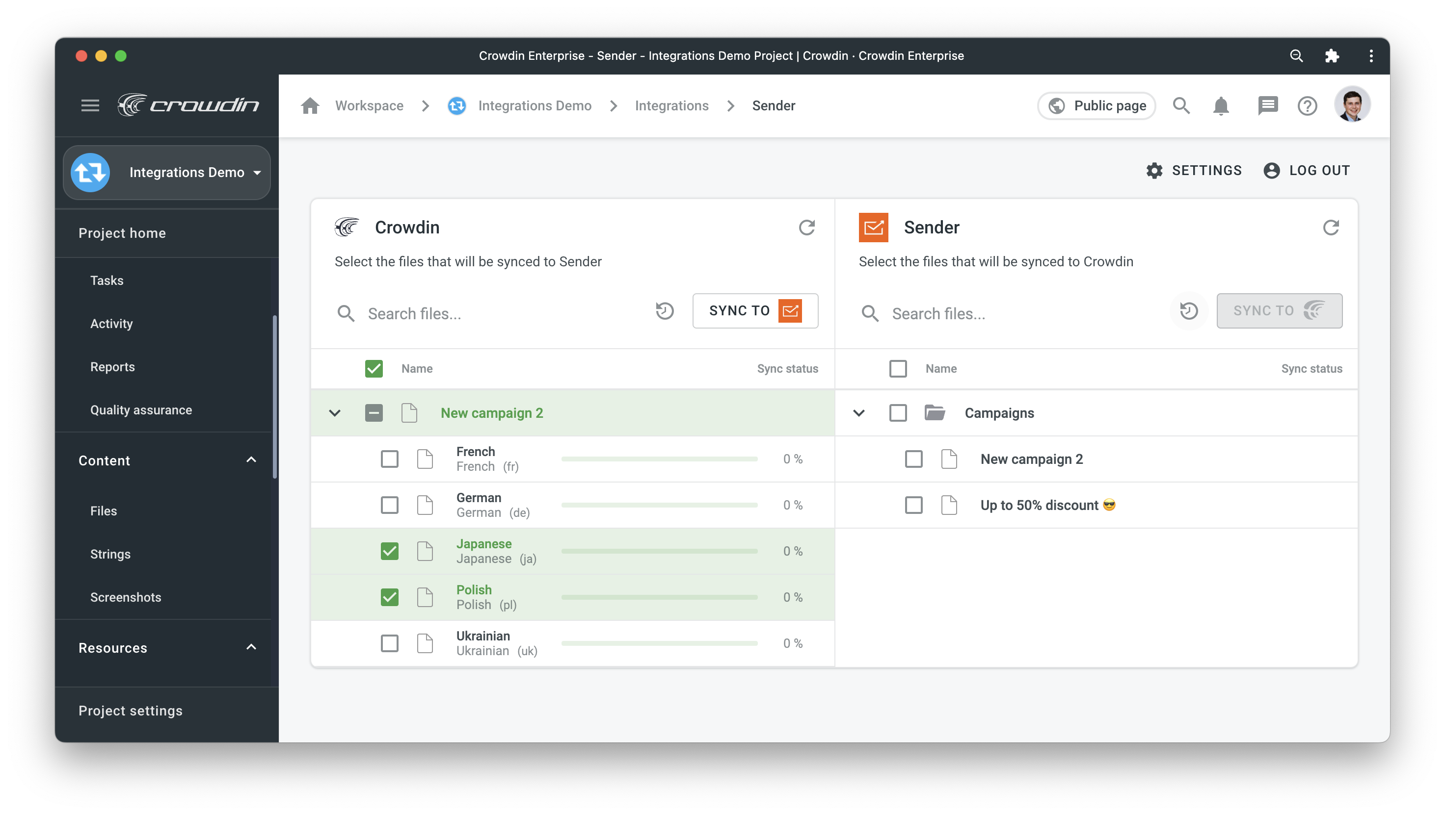 Sender.net translation synchronization. Screenshot