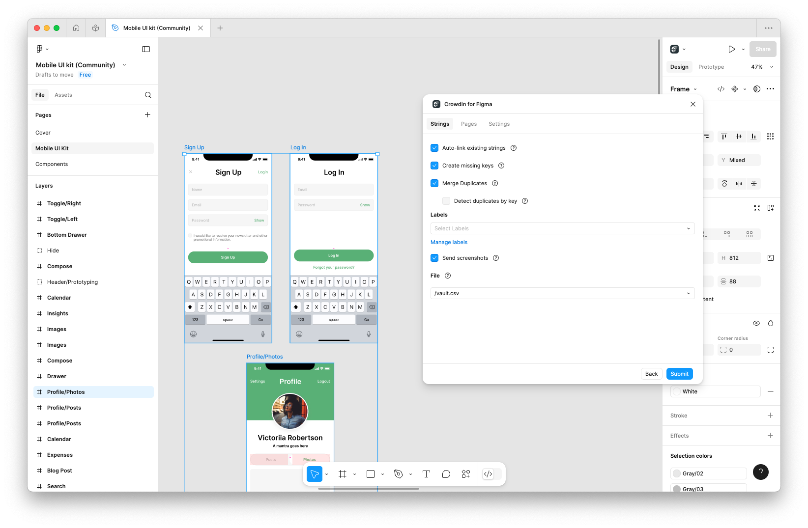 Translation in Figma Editor, screenshot of the process (2)