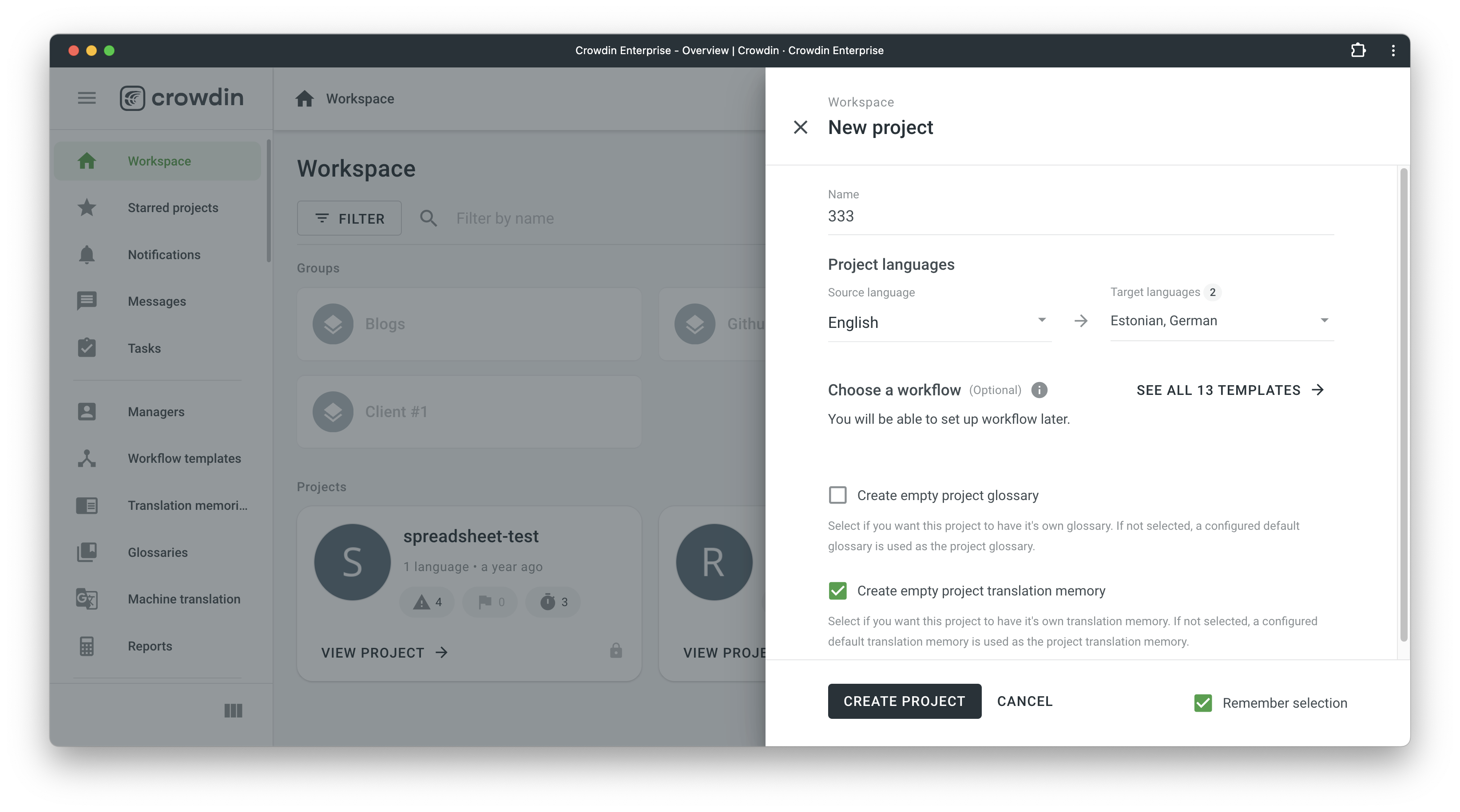 Creating Crowdin project without default TM and Glossary