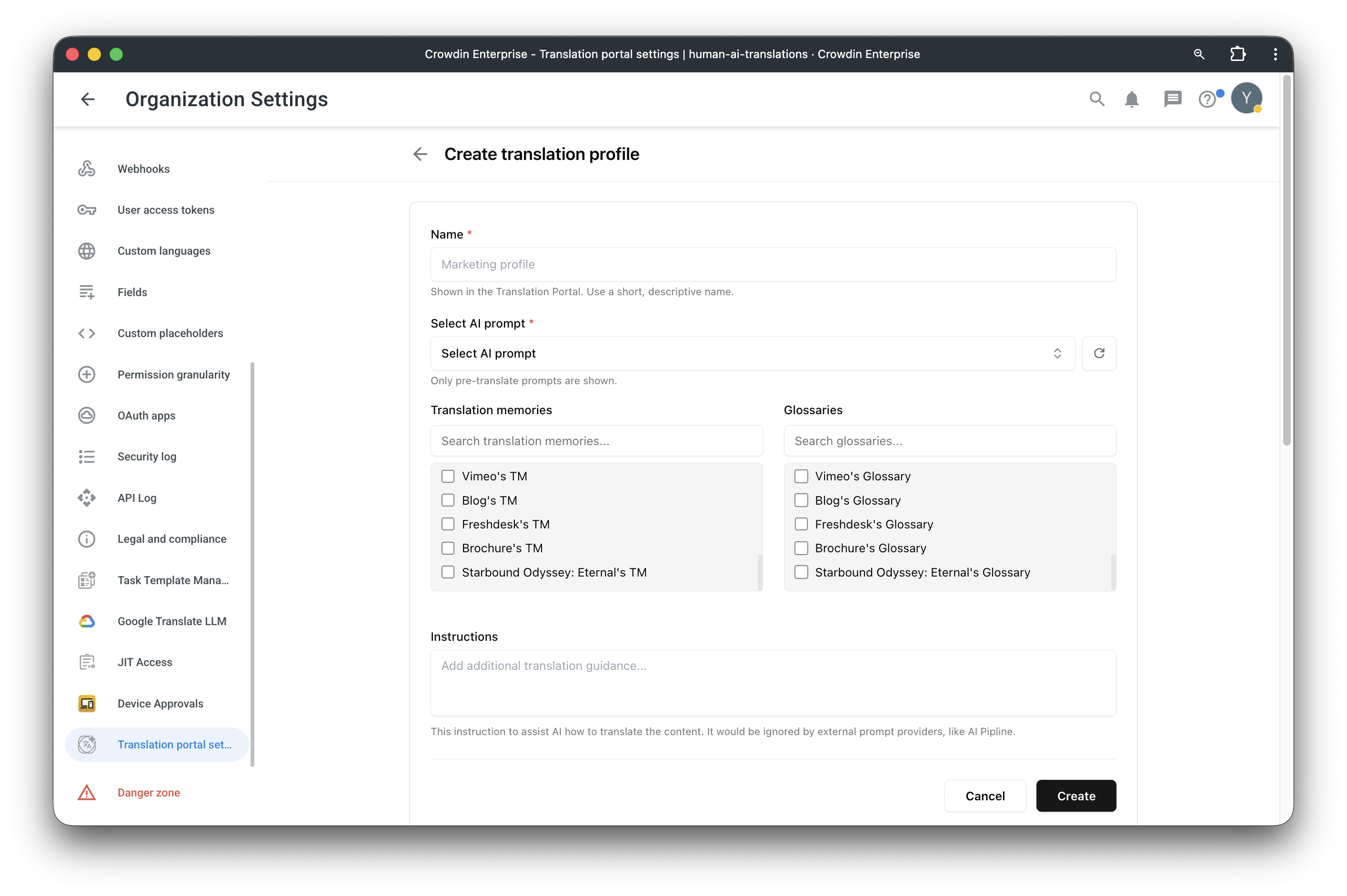 Create translation profile