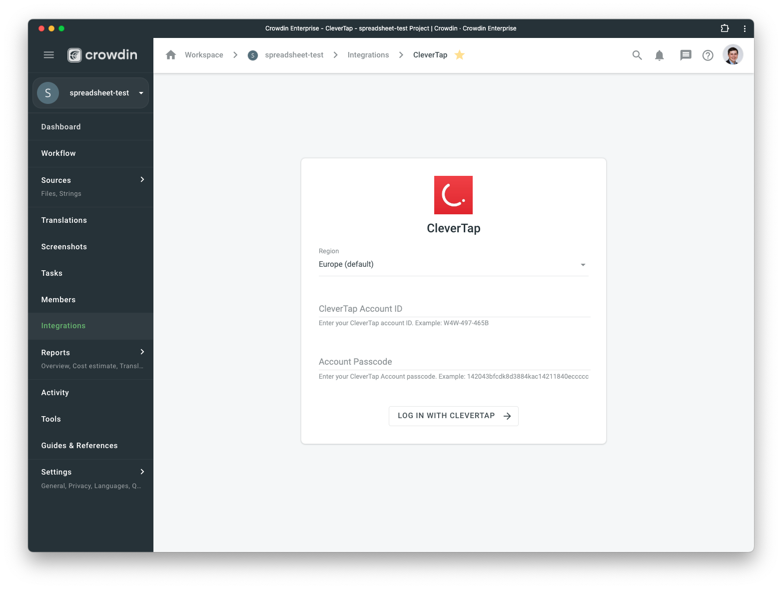 CleverTap configuration. Screenshot