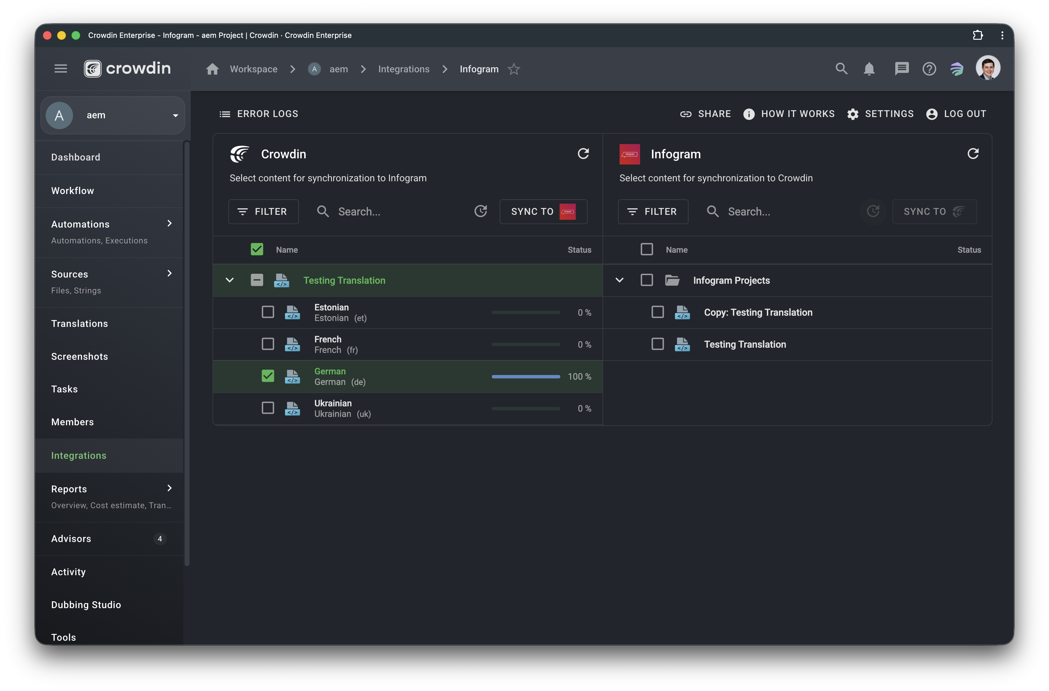 Infogram translation synchronization. Screenshot