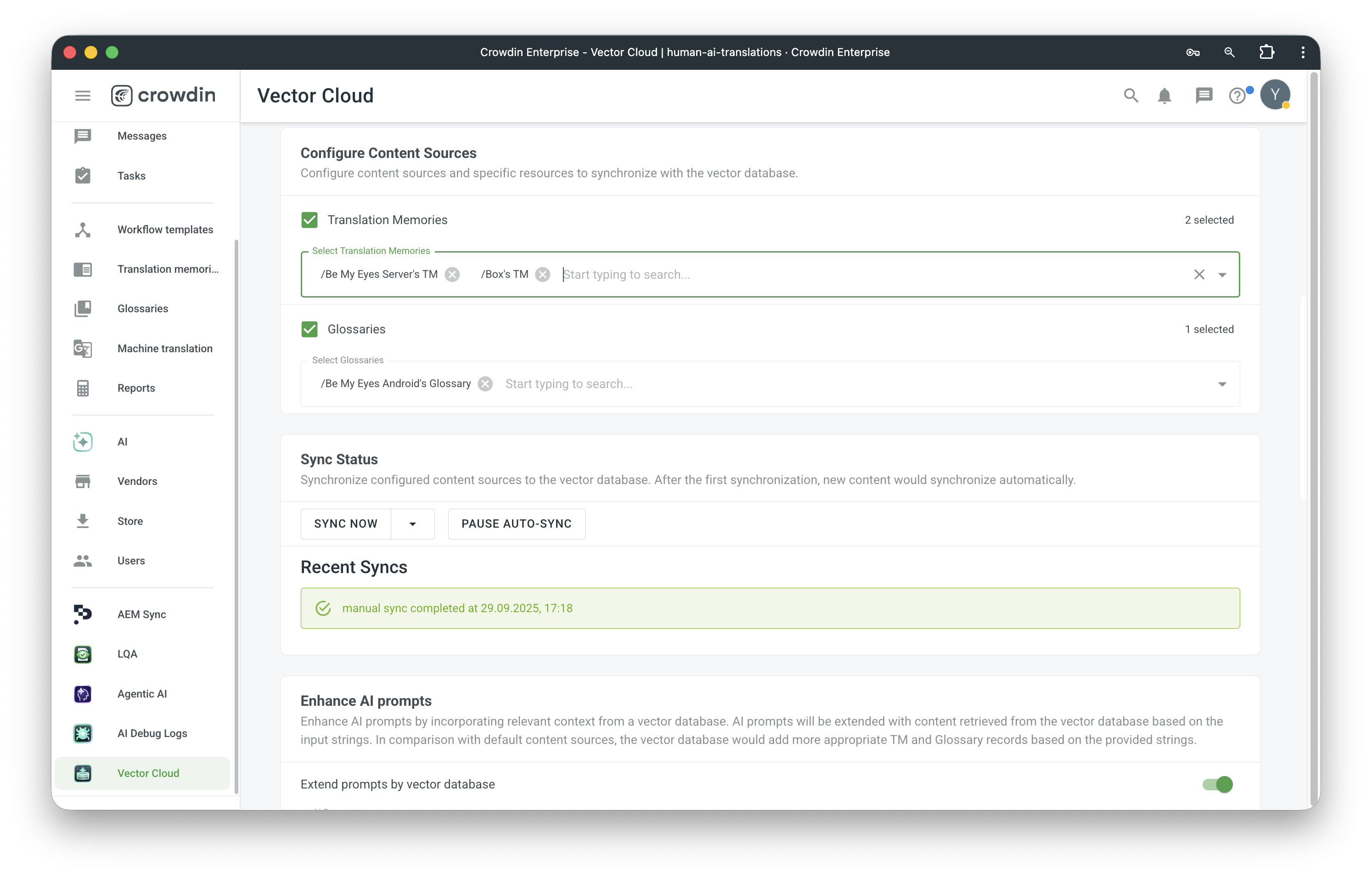Select Crowdin Content: TM and Glossaries