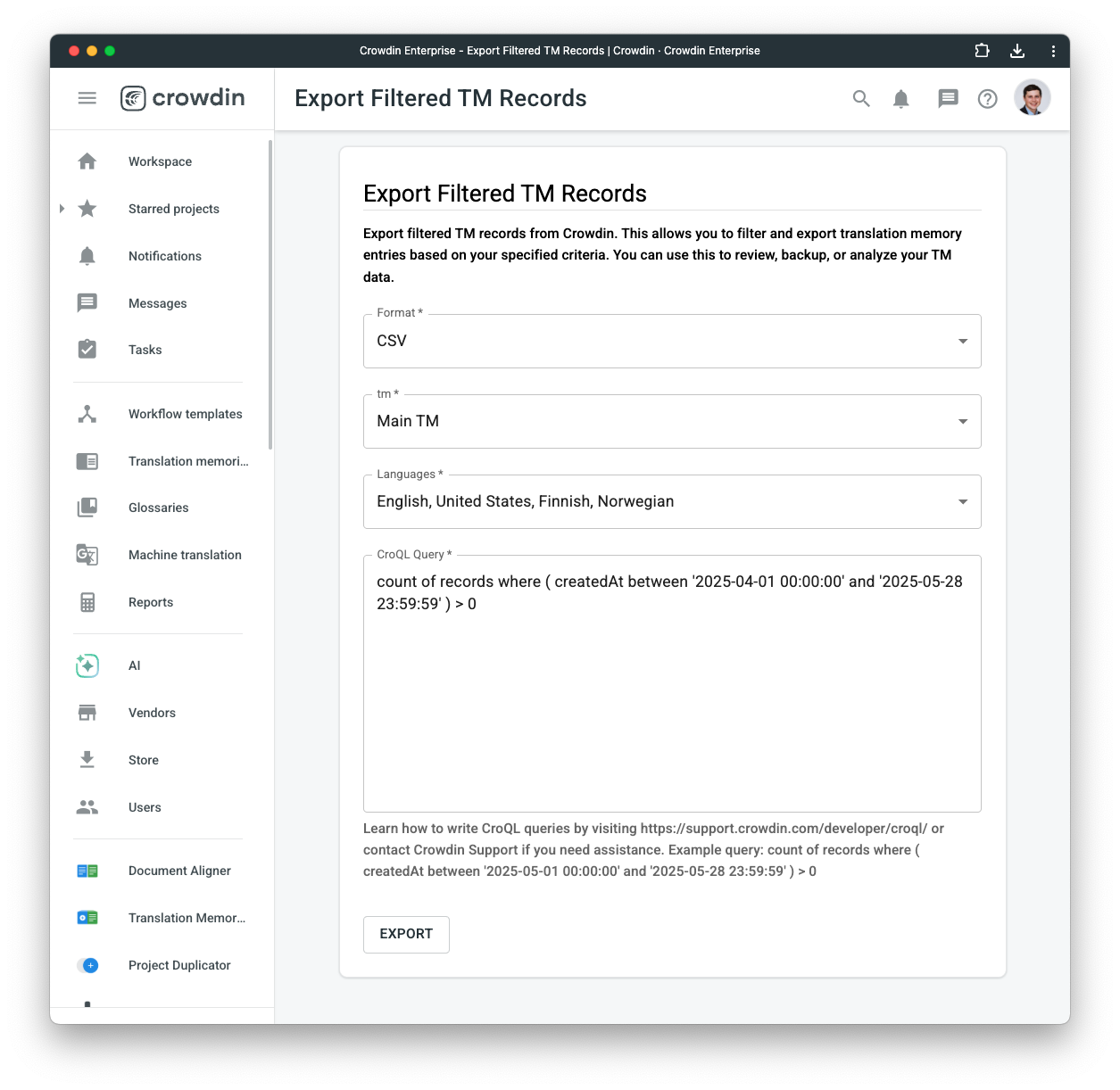 Export TM with CroQL