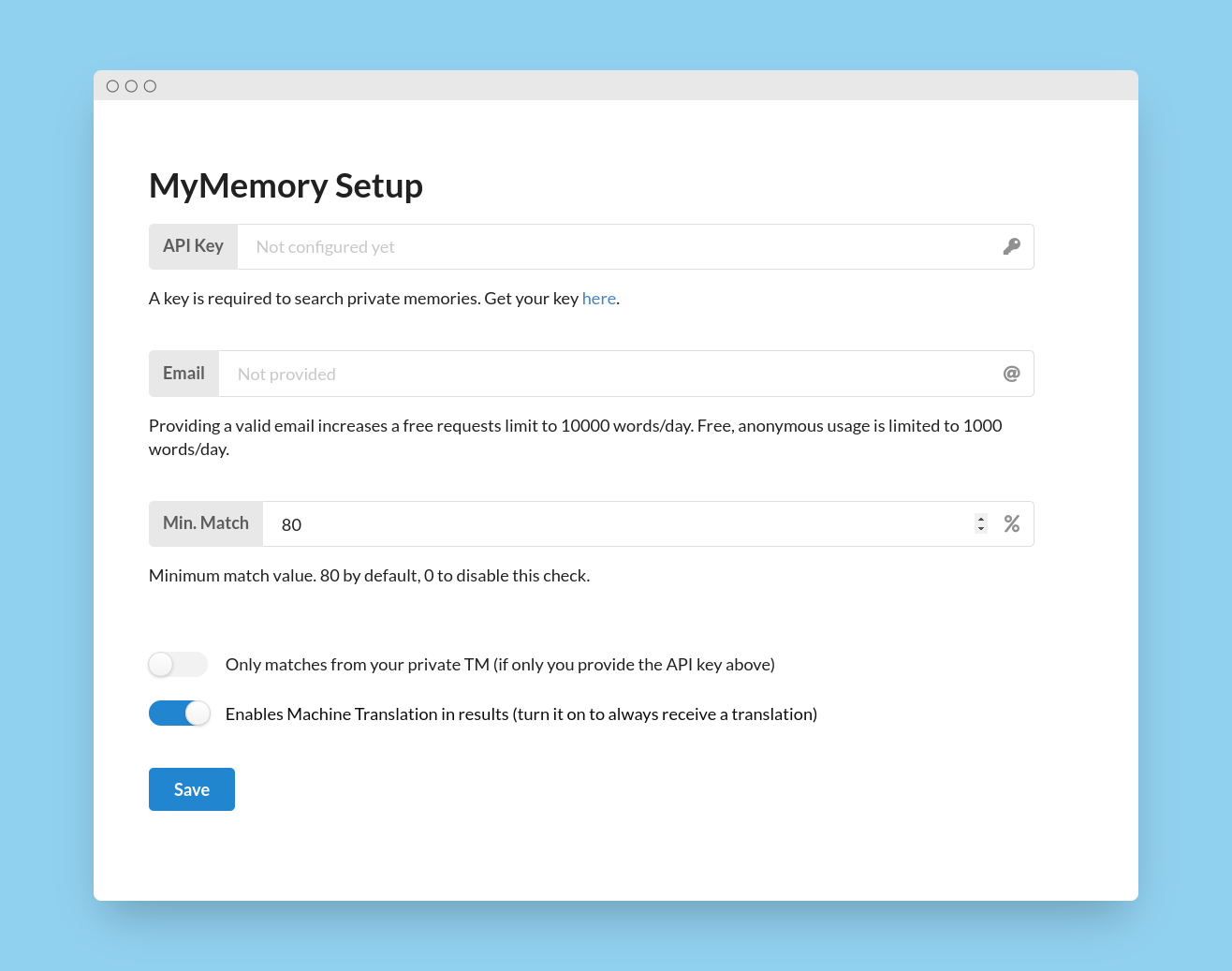 MyMemory translator configuration