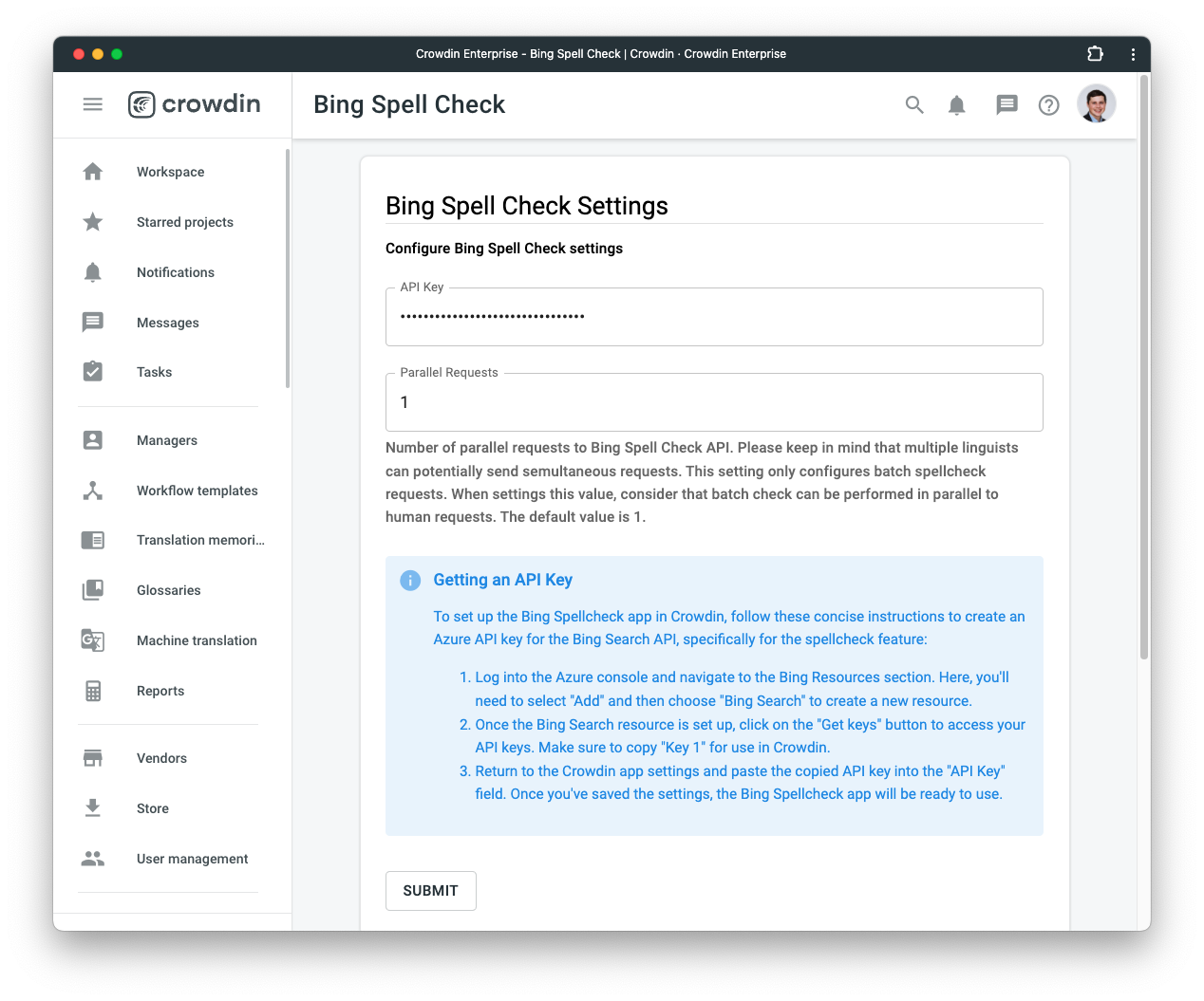 Configuring Bing Spellcheck in Crowdin