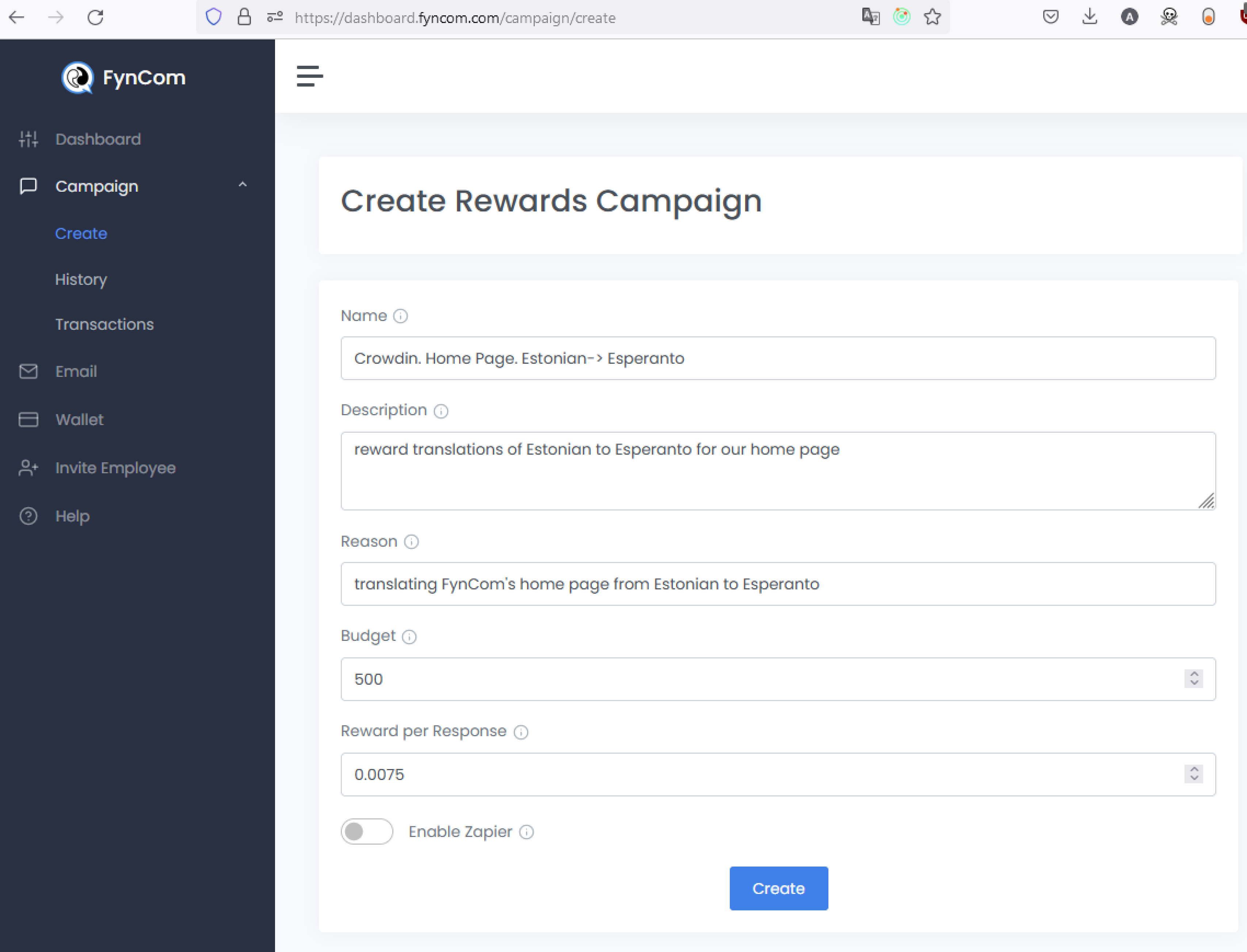 Setup your Crowdin Rewards Campaign at dashboard.fyncom.com in the Campaign create section