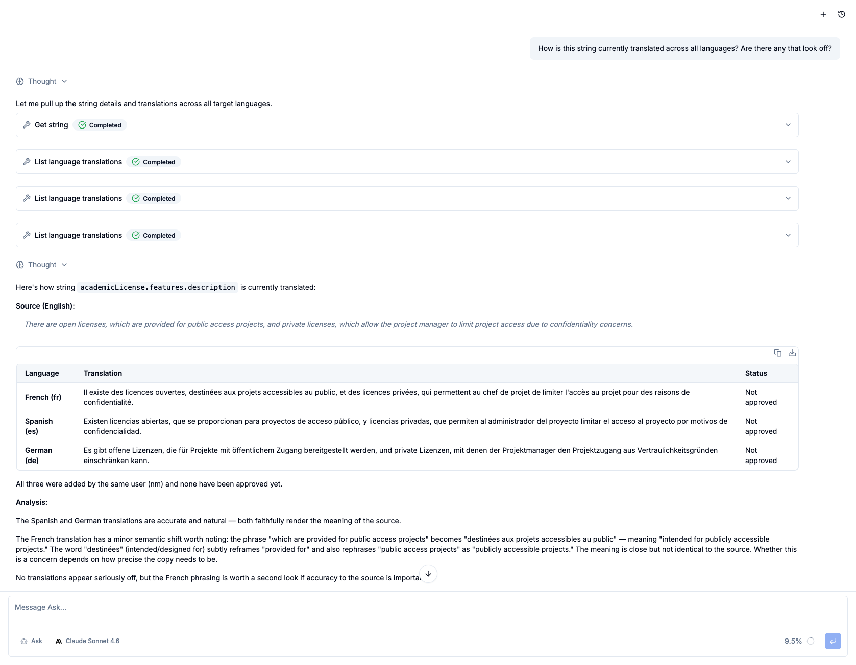 Ask agent showing translations of the active string across French, Spanish, and German with quality analysis