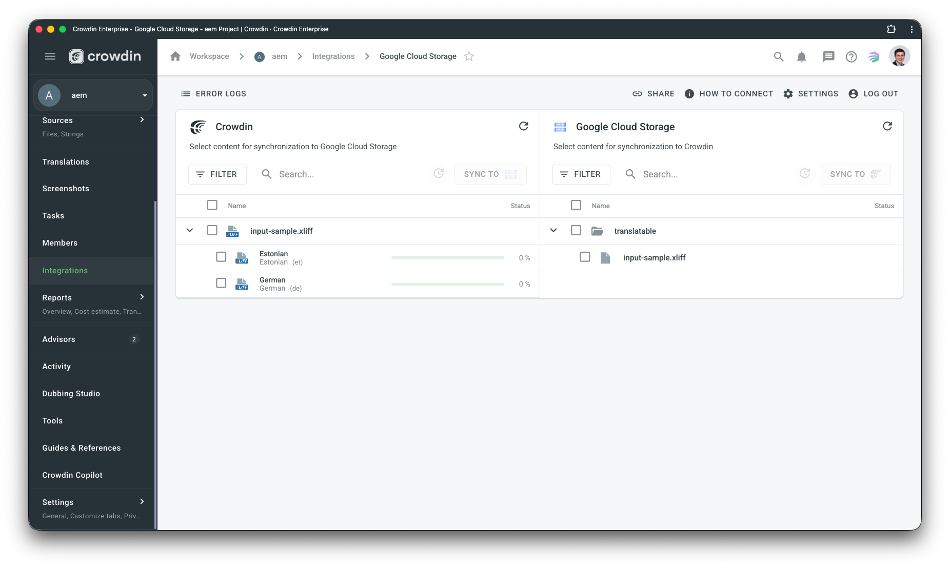 Google Cloud Storage translation synchronization. Screenshot
