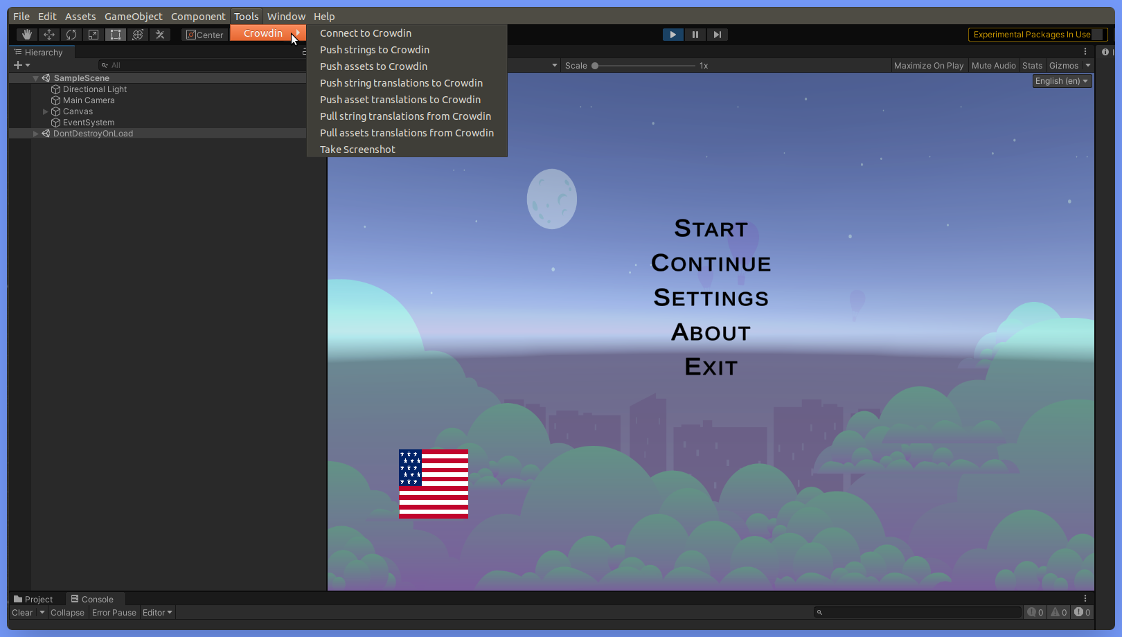 Connecting Unity to Crowdin, screenshot
