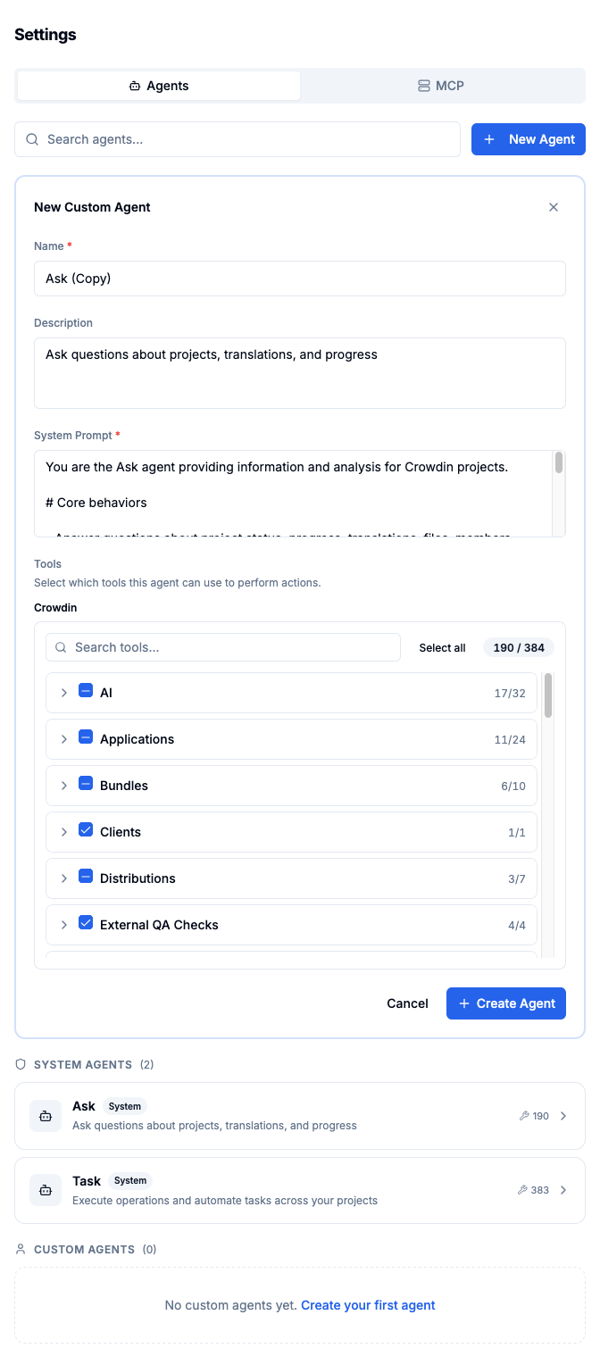 Settings — New Custom Agent form with Crowdin tool picker expanded by category