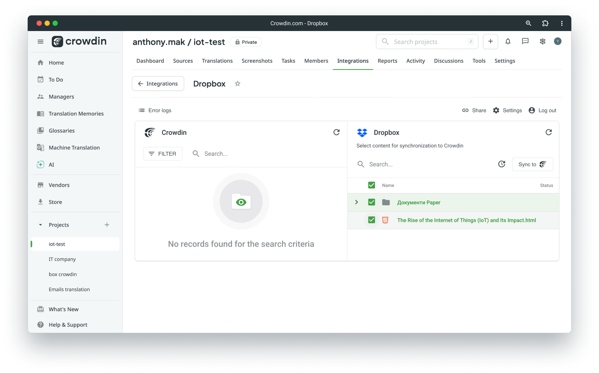 Sync Dropbox files to Crowdin