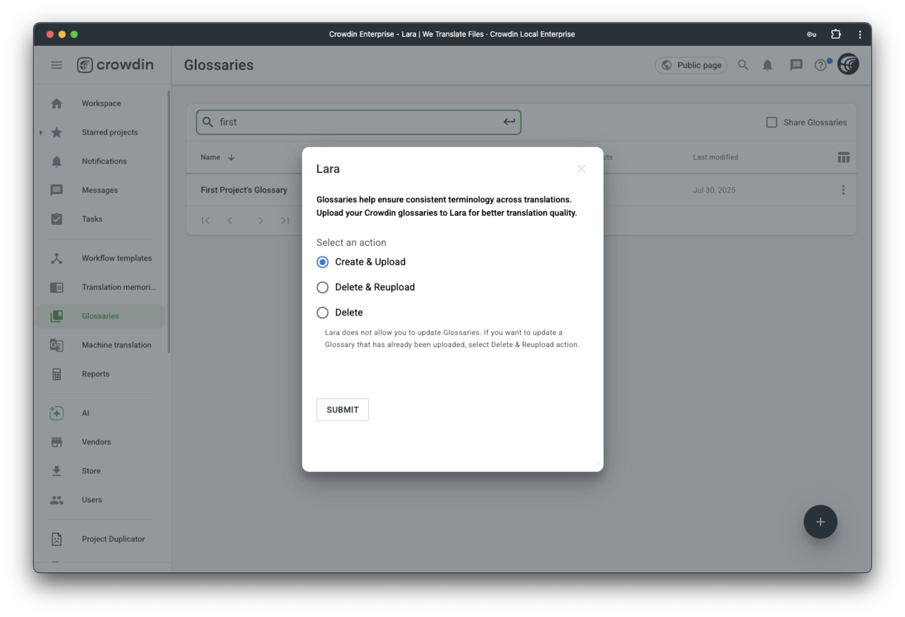 Uploading Glossary to Lara
