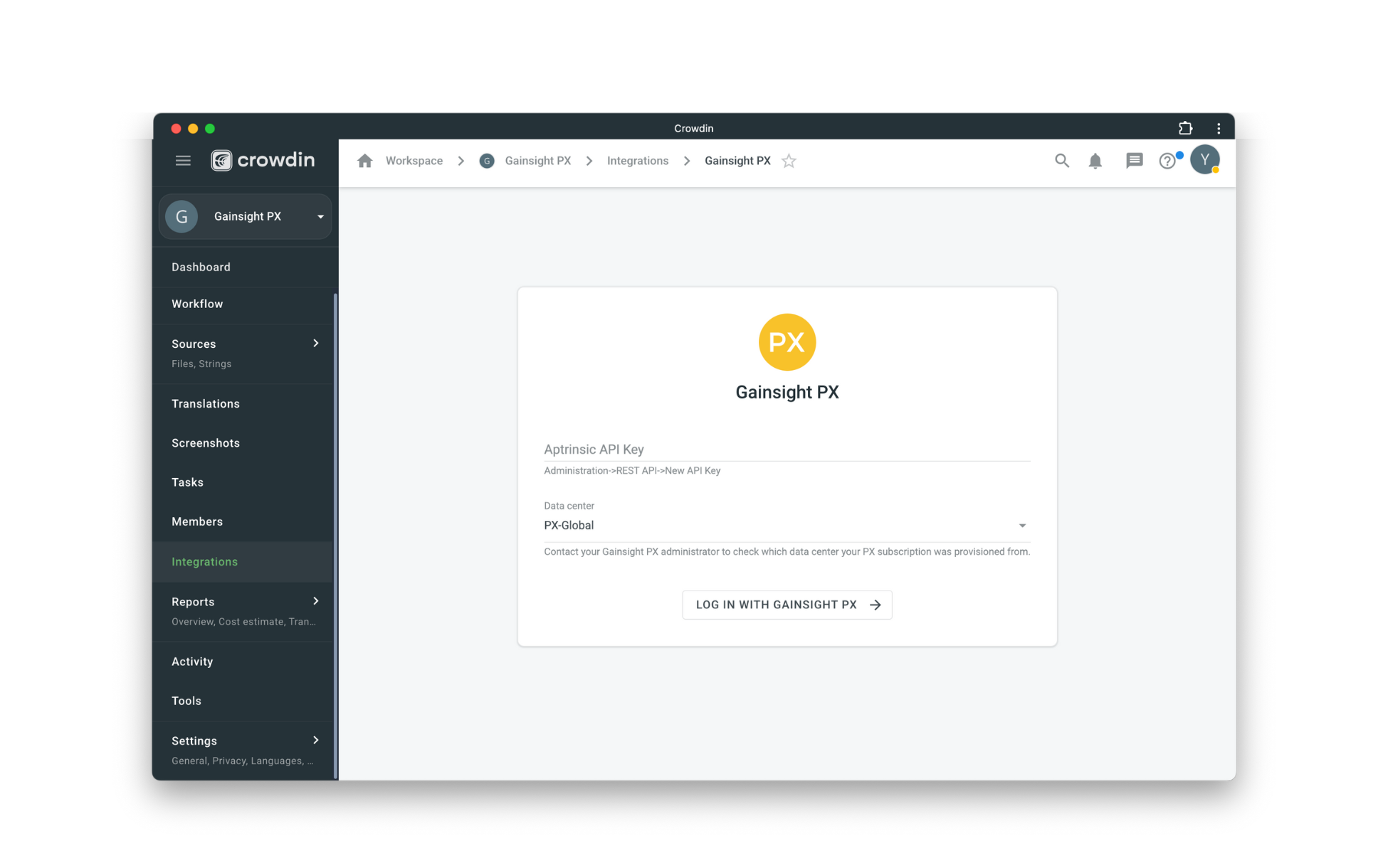 Gainsight PX configuration. Localize Gainsight PX content with Crowdin