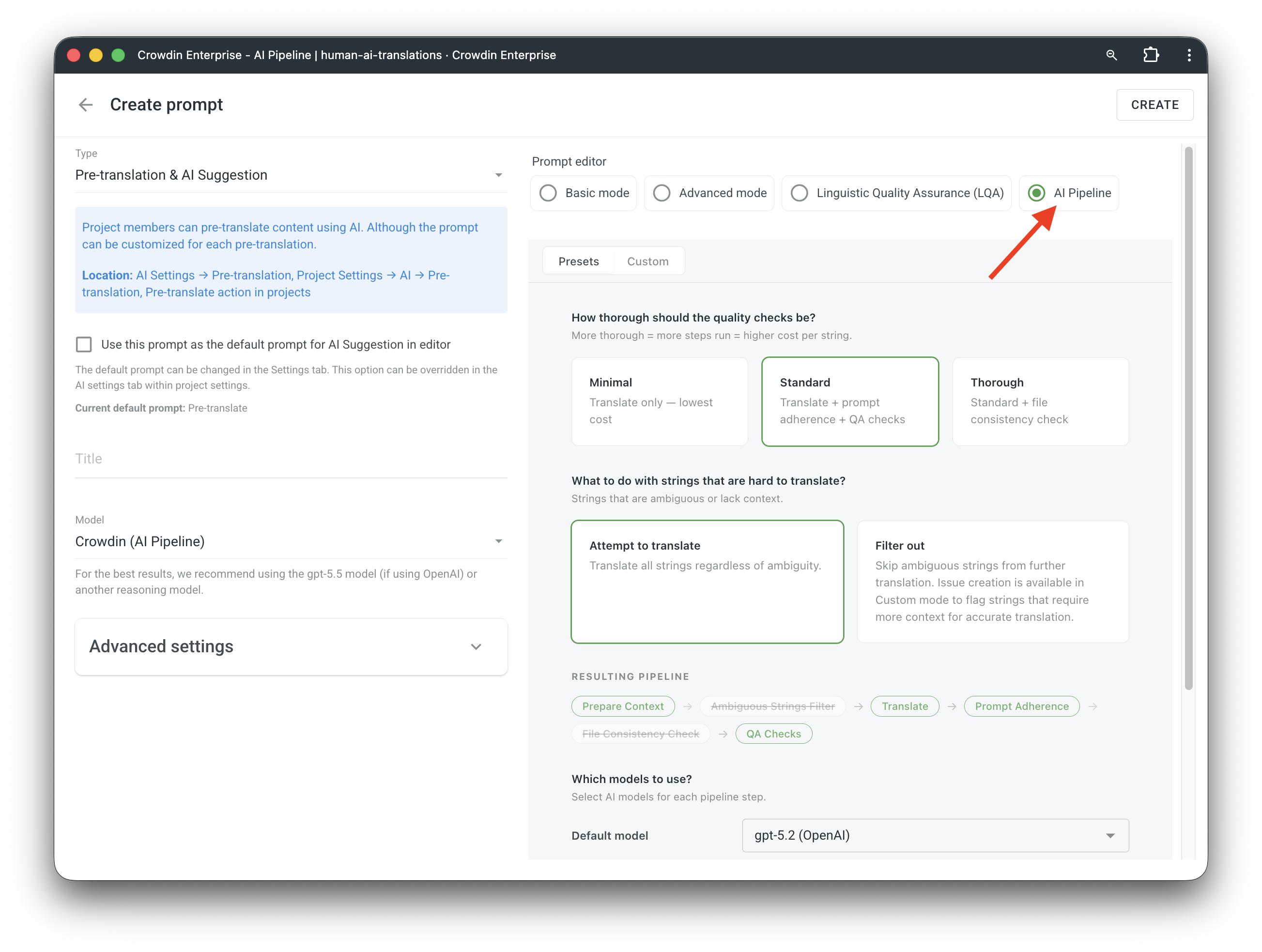 Creating Crowdin AI pipeline prompt