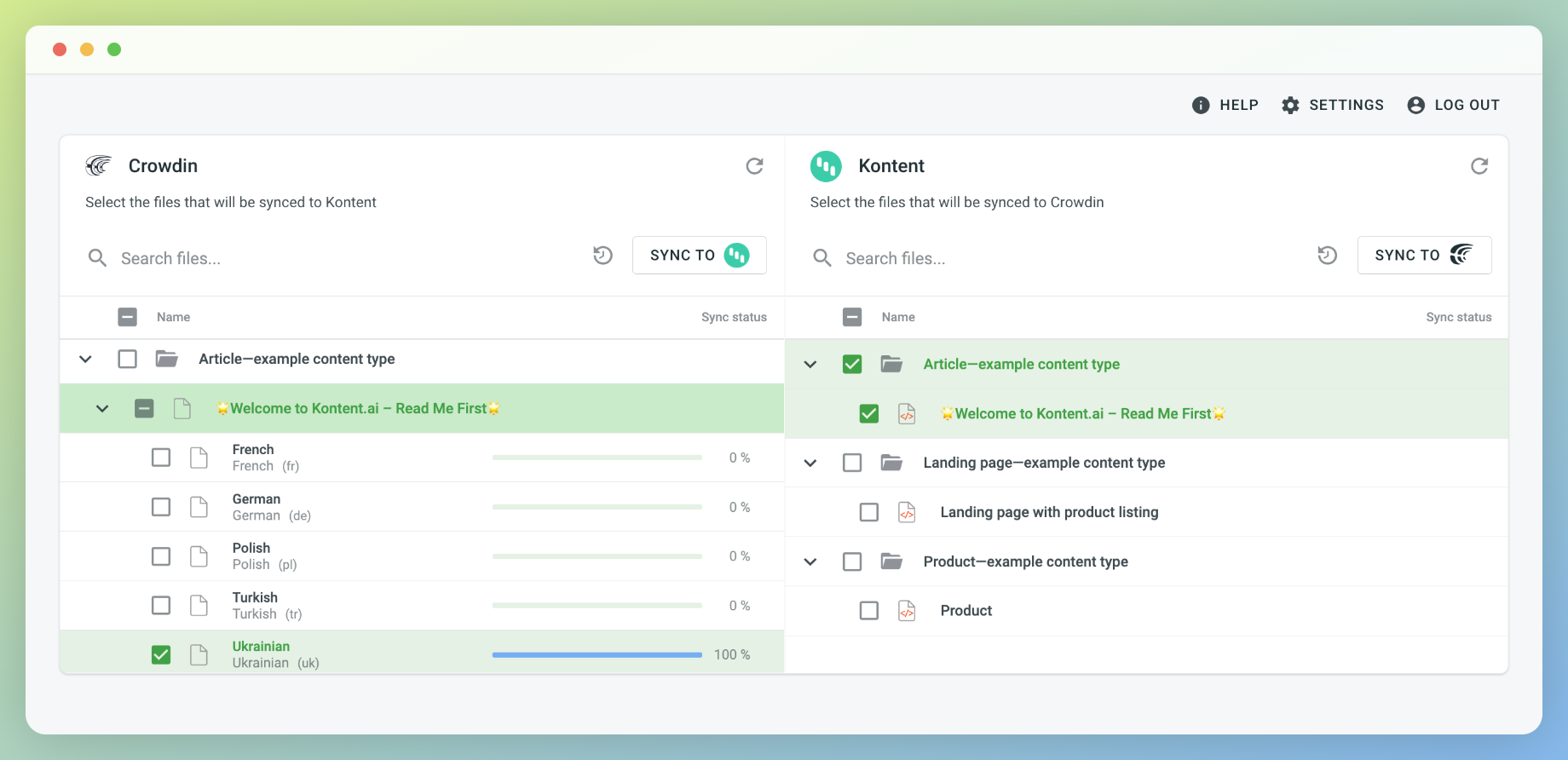 Kontent.ai translation synchronization. Screenshot