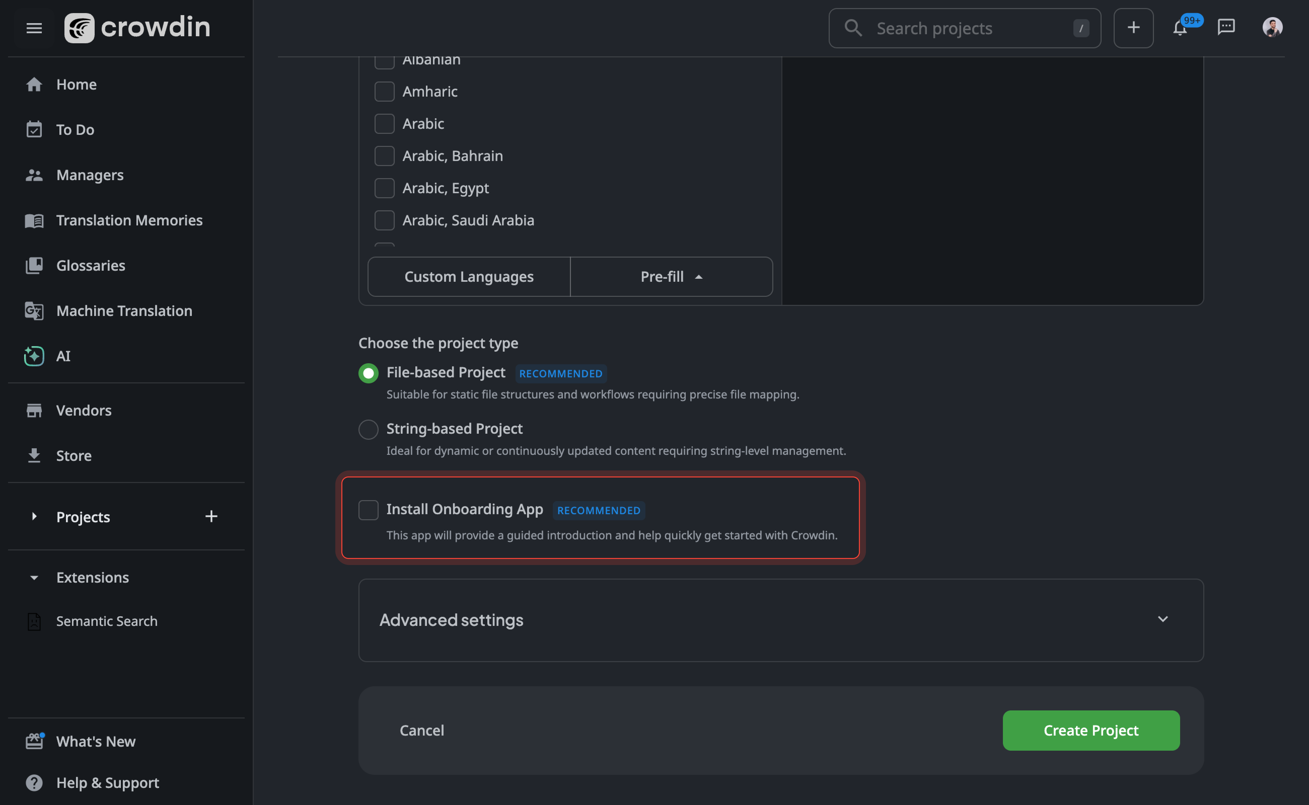 Install Onboarding app while creating a new project