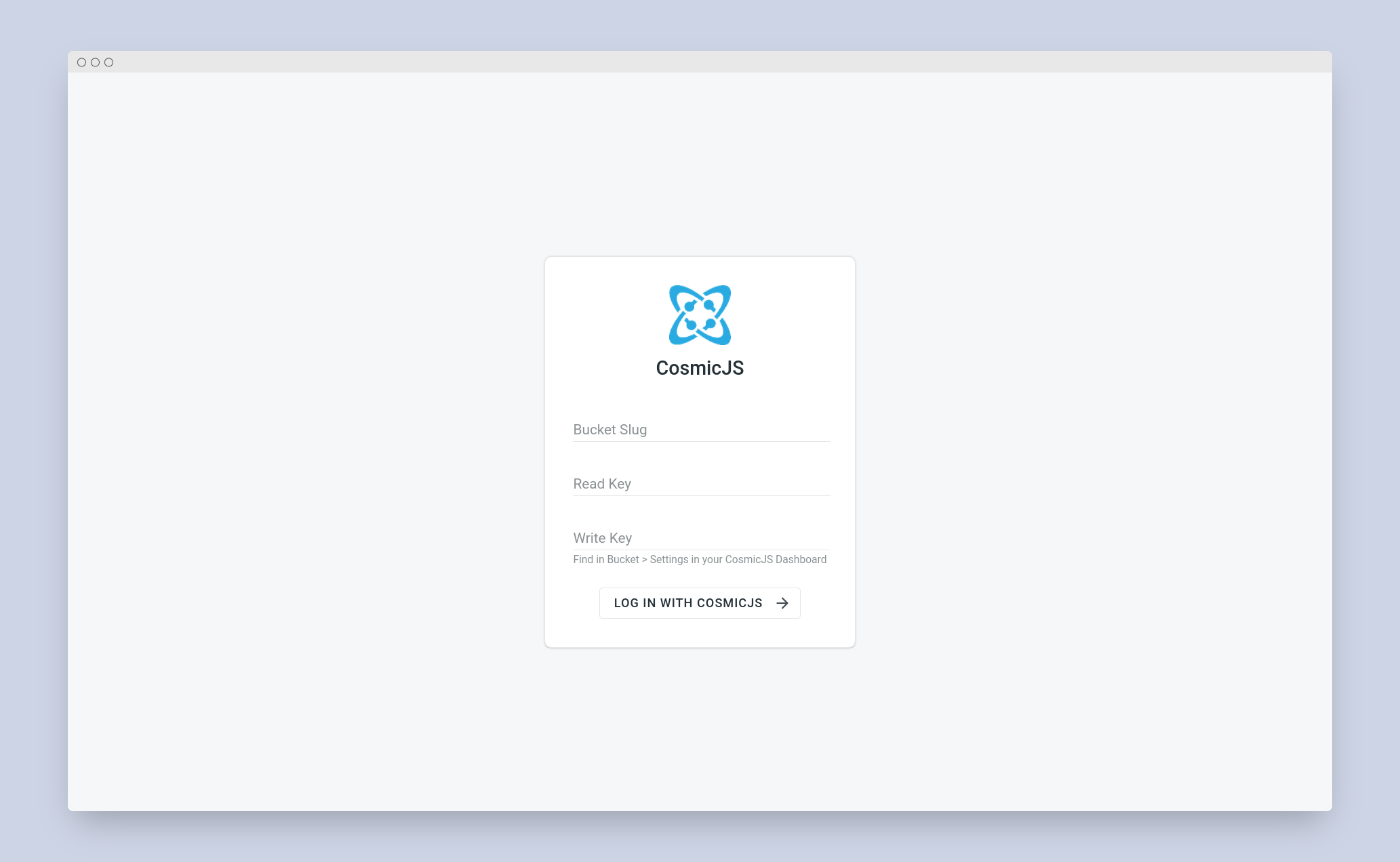Cosmic JS configuration. Screenshot