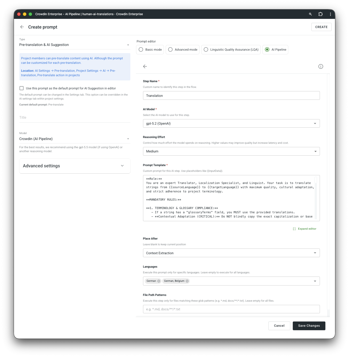 Adjusting parameters in the custom AI Pipeline