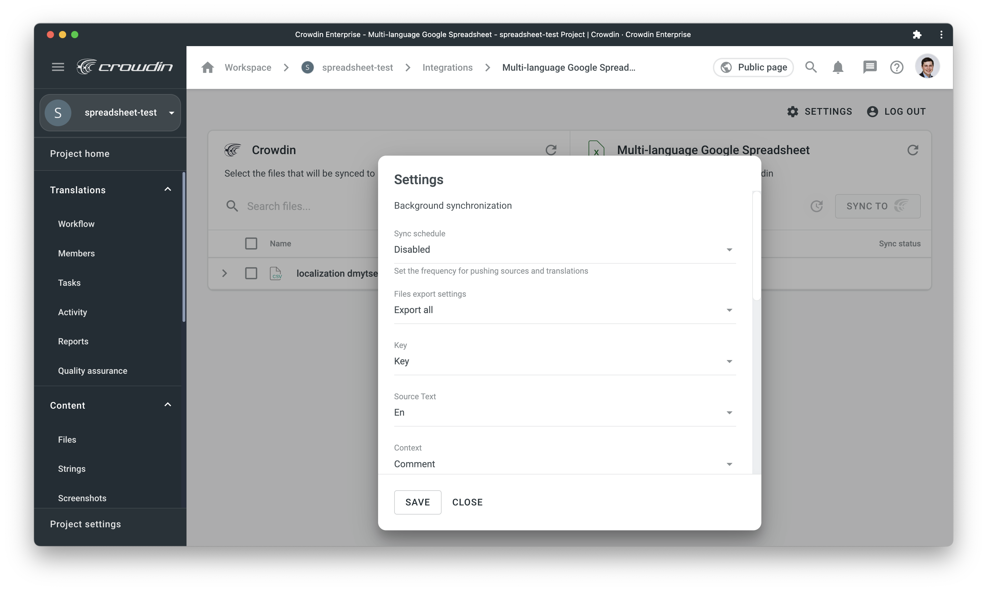 Google Sheets configuration. Screenshot