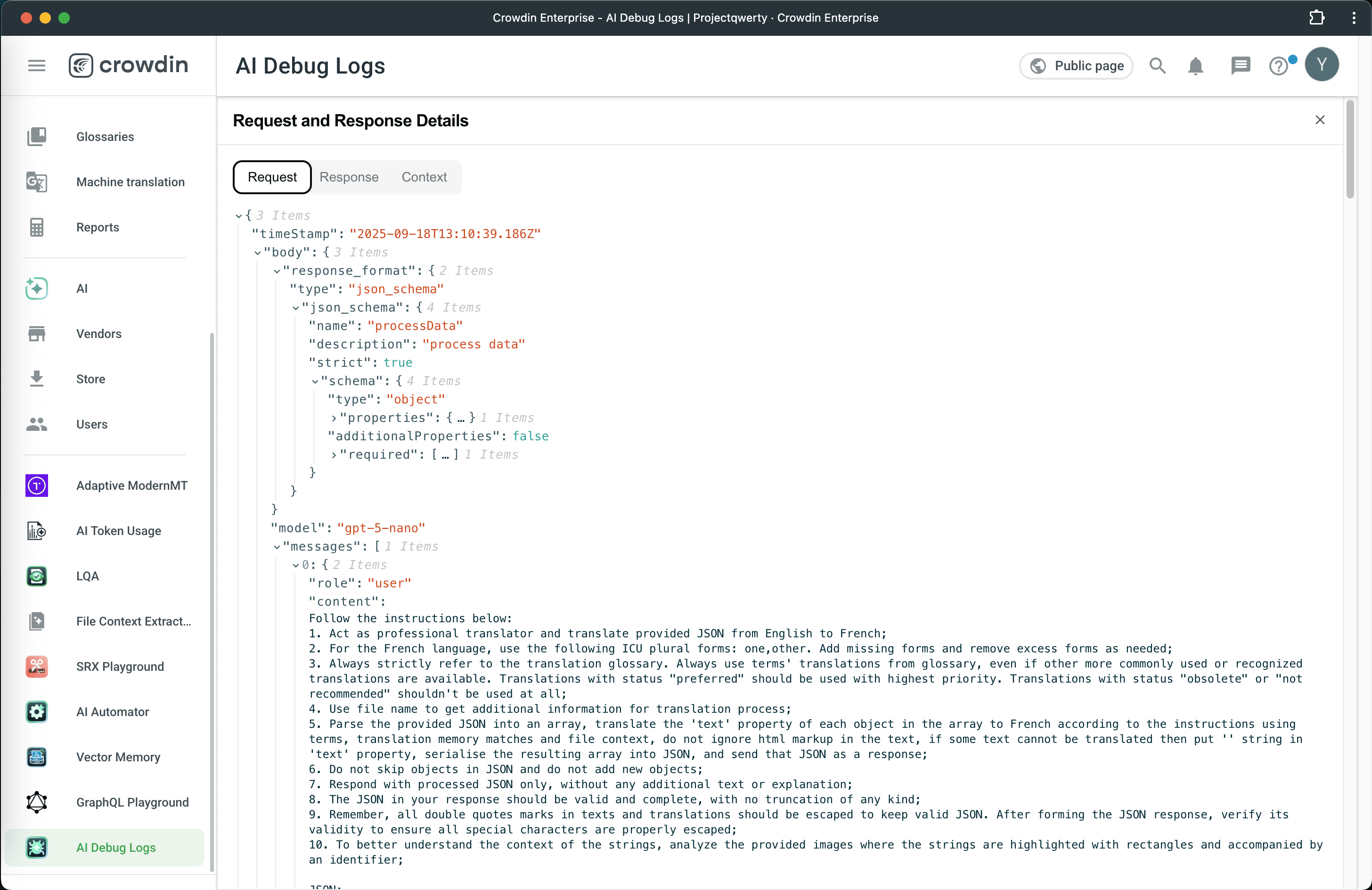 Crowdin AI Debug request/response/context windows