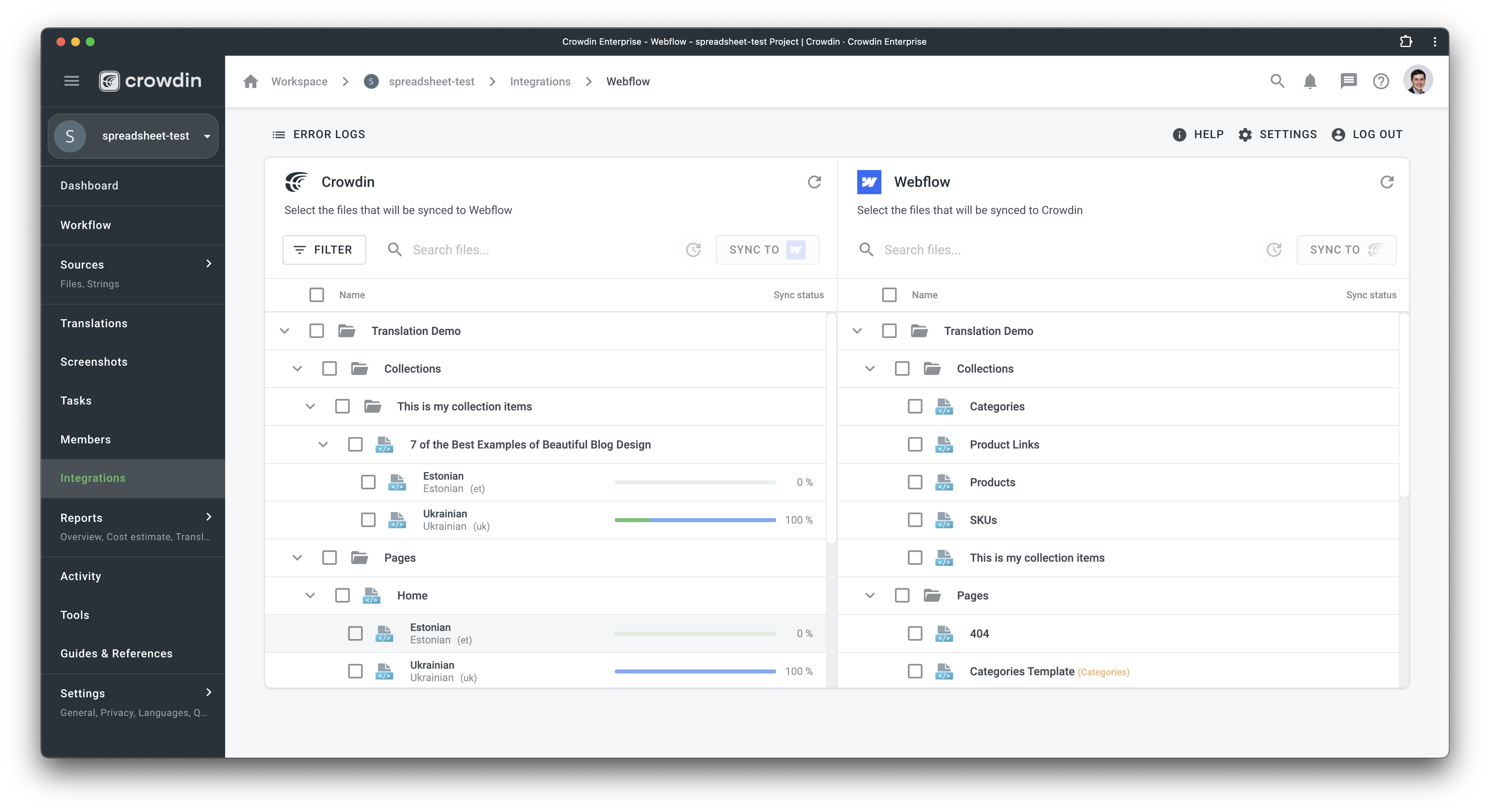 Webflow translation synchronization. Screenshot of the project editor in Crowdin, where the webflow translation management takes place