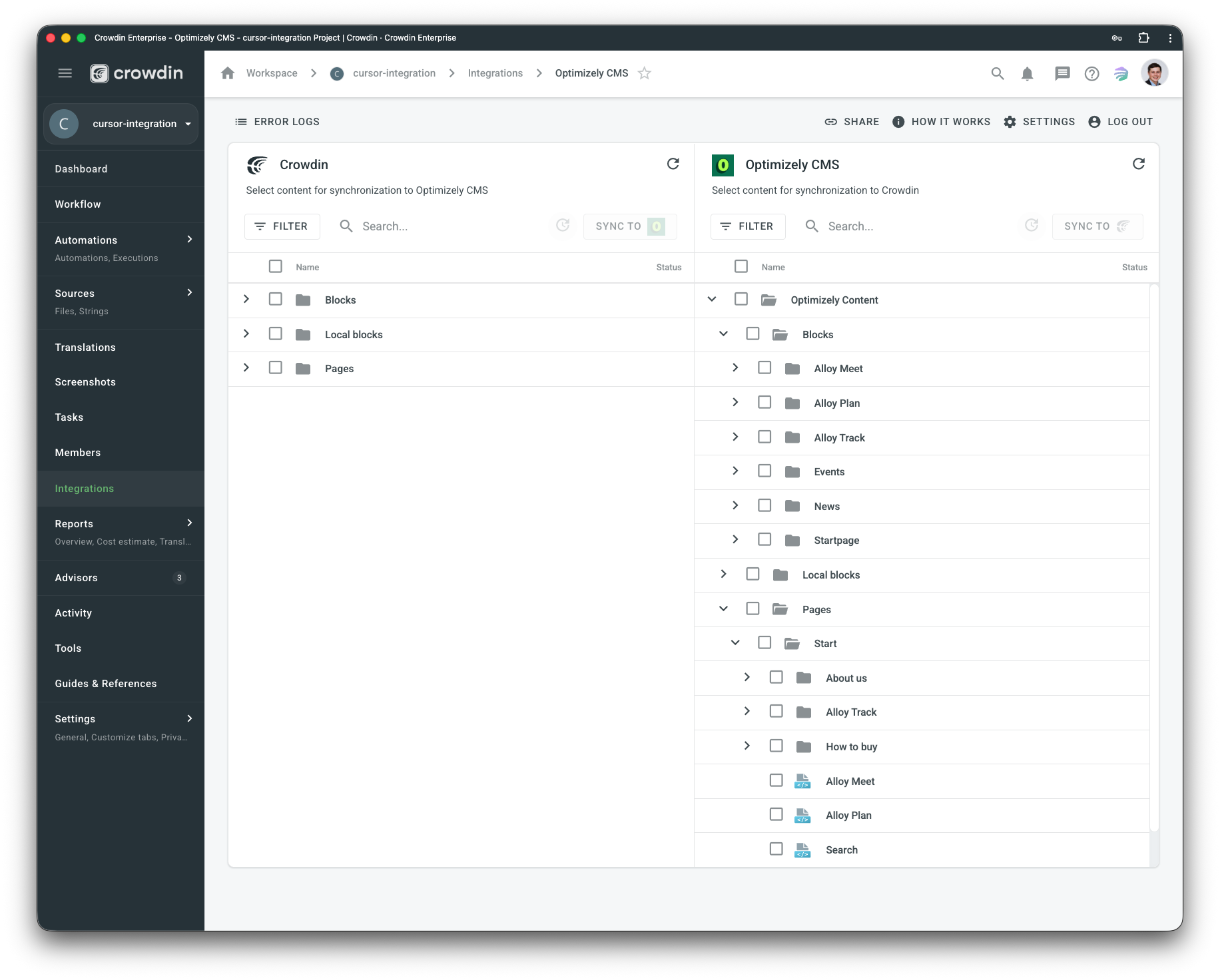 Optimizely CMS translation synchronization. Screenshot