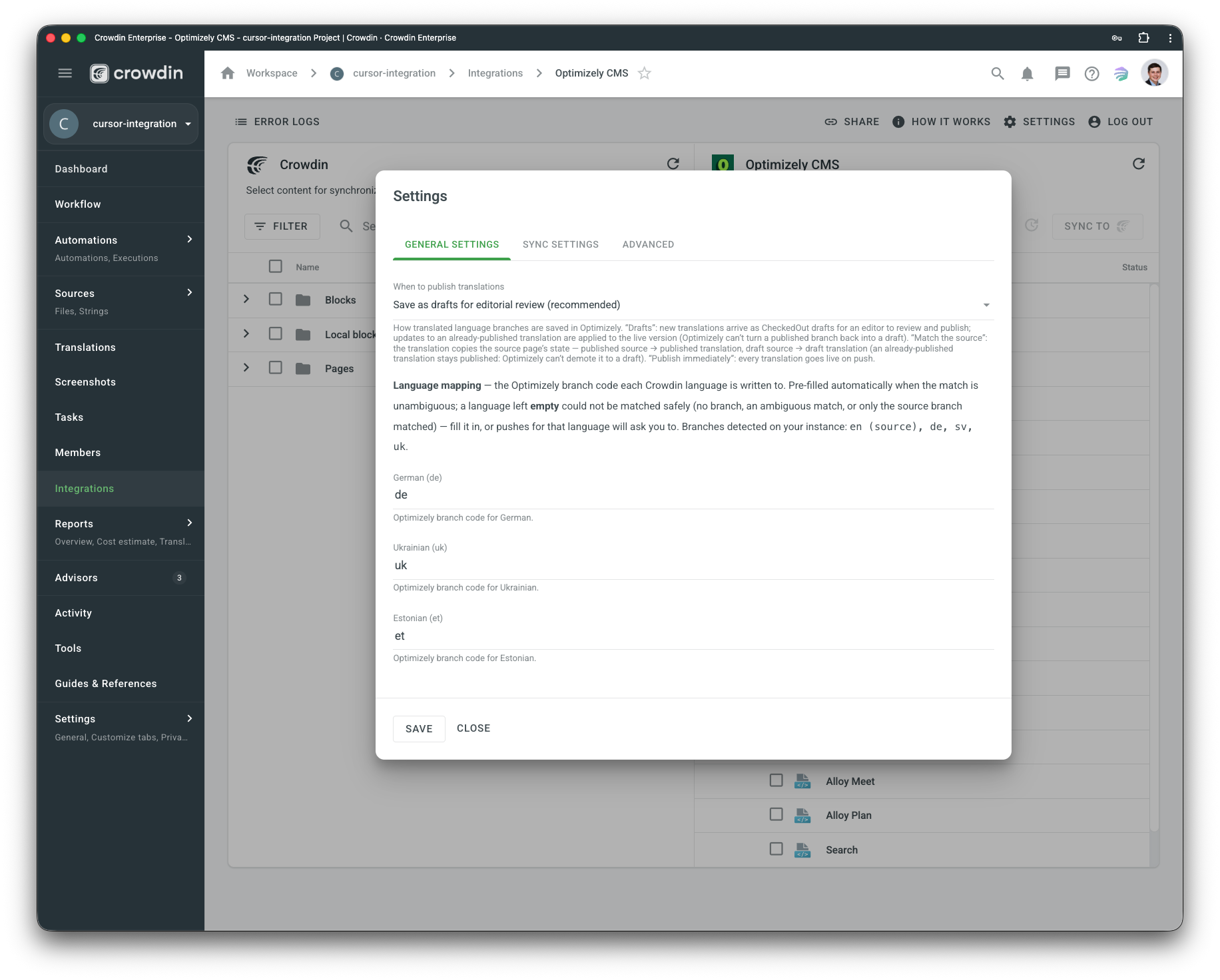 Optimizely CMS settings. Screenshot