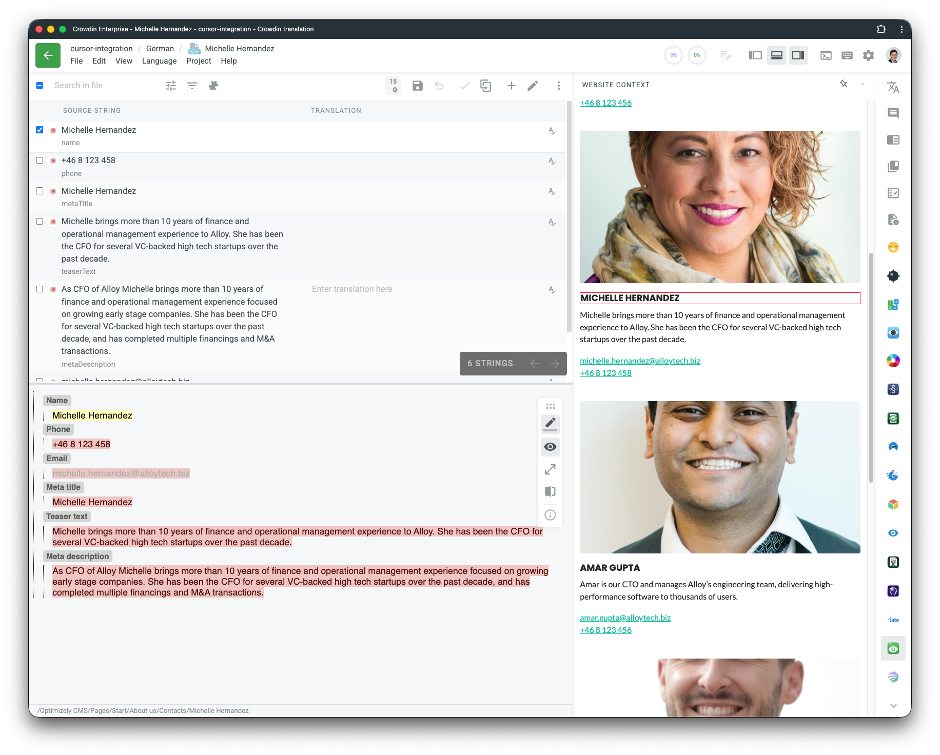 Optimizely CMS in the Crowdin Editor. Screenshot
